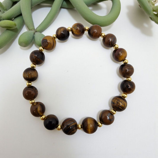 Black Rainbow Obsidian or Tiger Eye Bracelet for Protection and Confidence – 8mm Gemstones with 18K Gold-Plated Beads