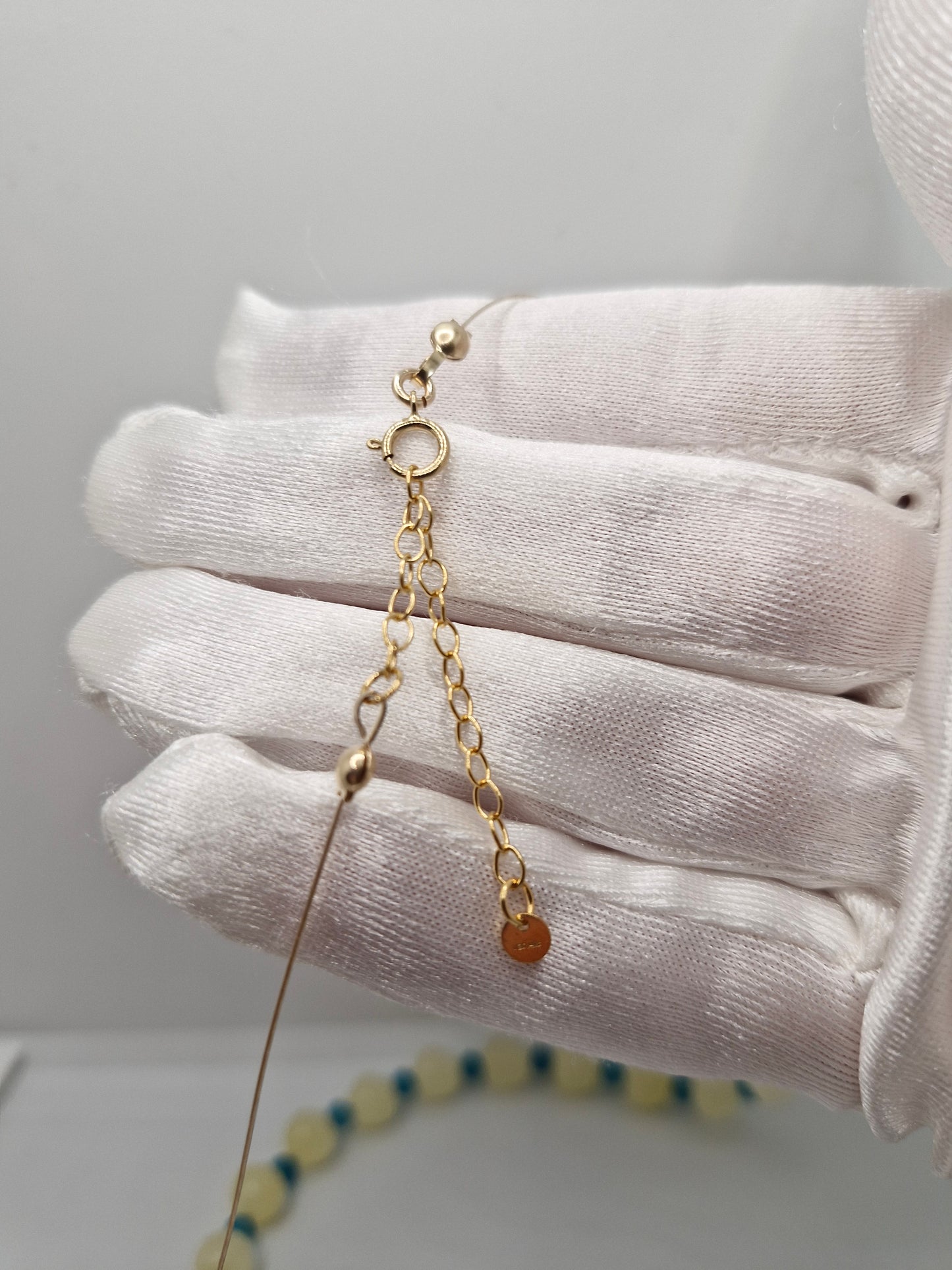 Gold filled clasp and 2-inch extension chain on handmade Citrine & Blue Turquoise choker necklace – durable, tarnish-resistant, adjustable.