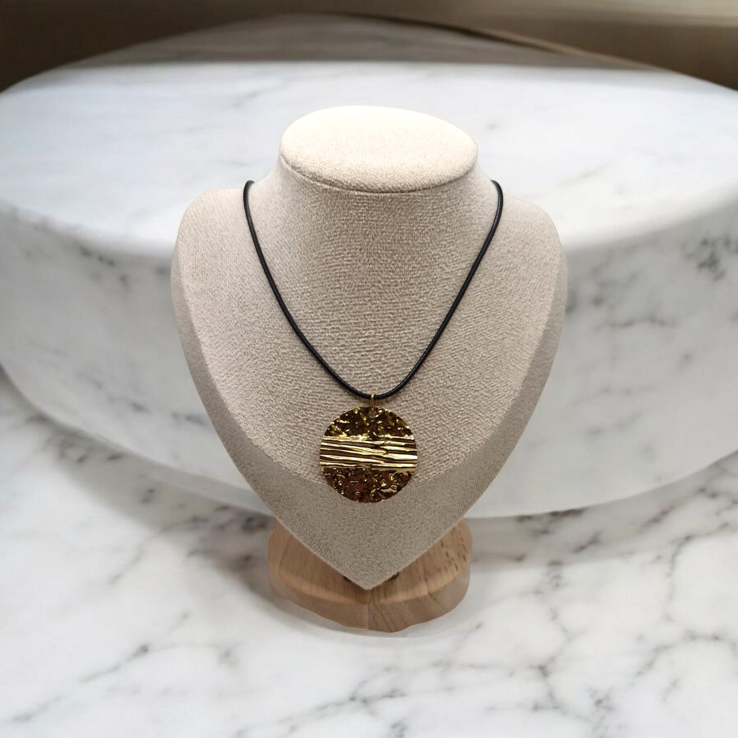 Stainless Steel Circle Pendant Necklace – Black Waxed Cord