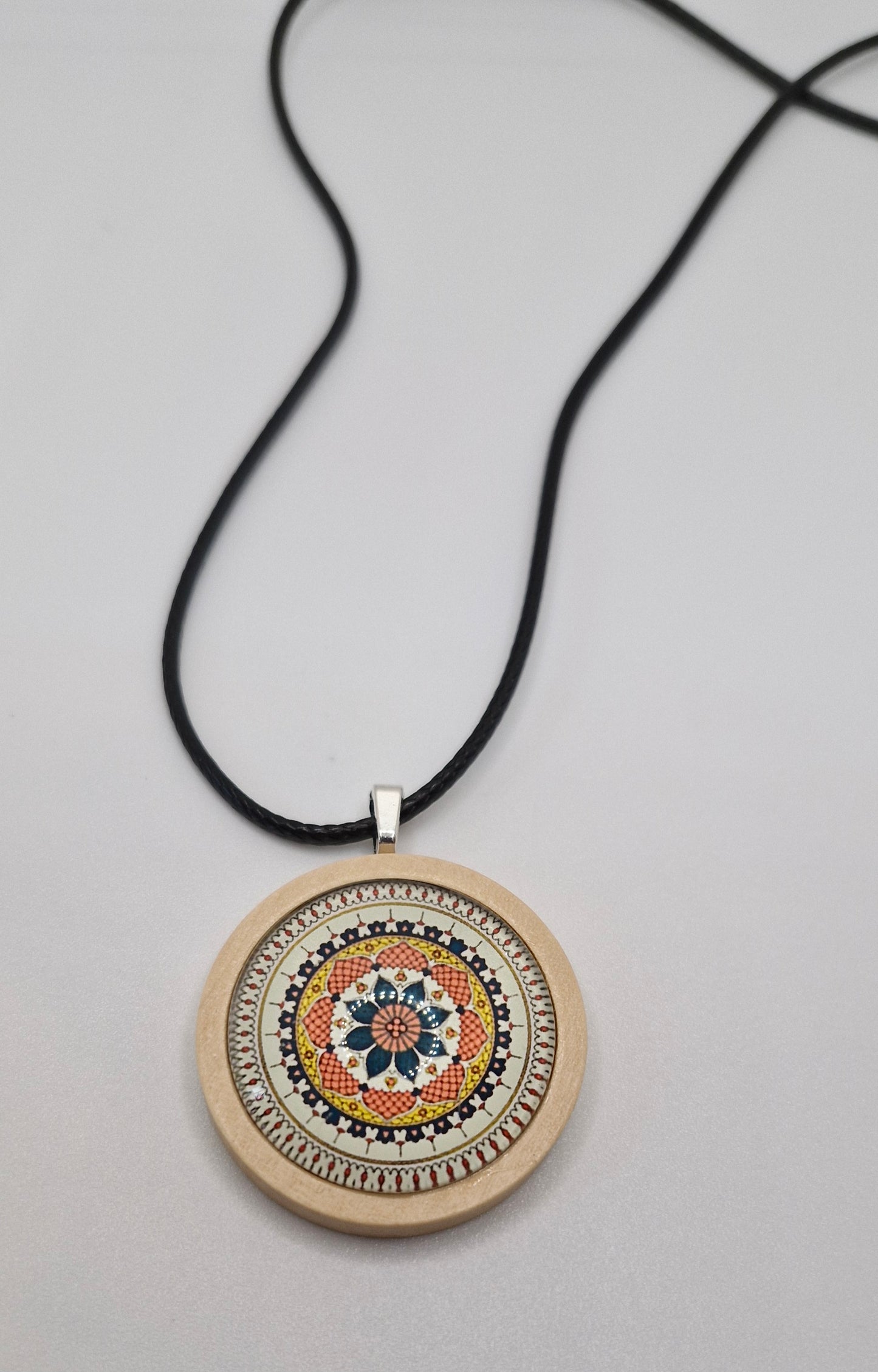 Mandala Necklace, Wooden Pendant Necklace, Glass Cabochon Mandala Jewelry, Boho Spiritual Necklace, Gift for Her