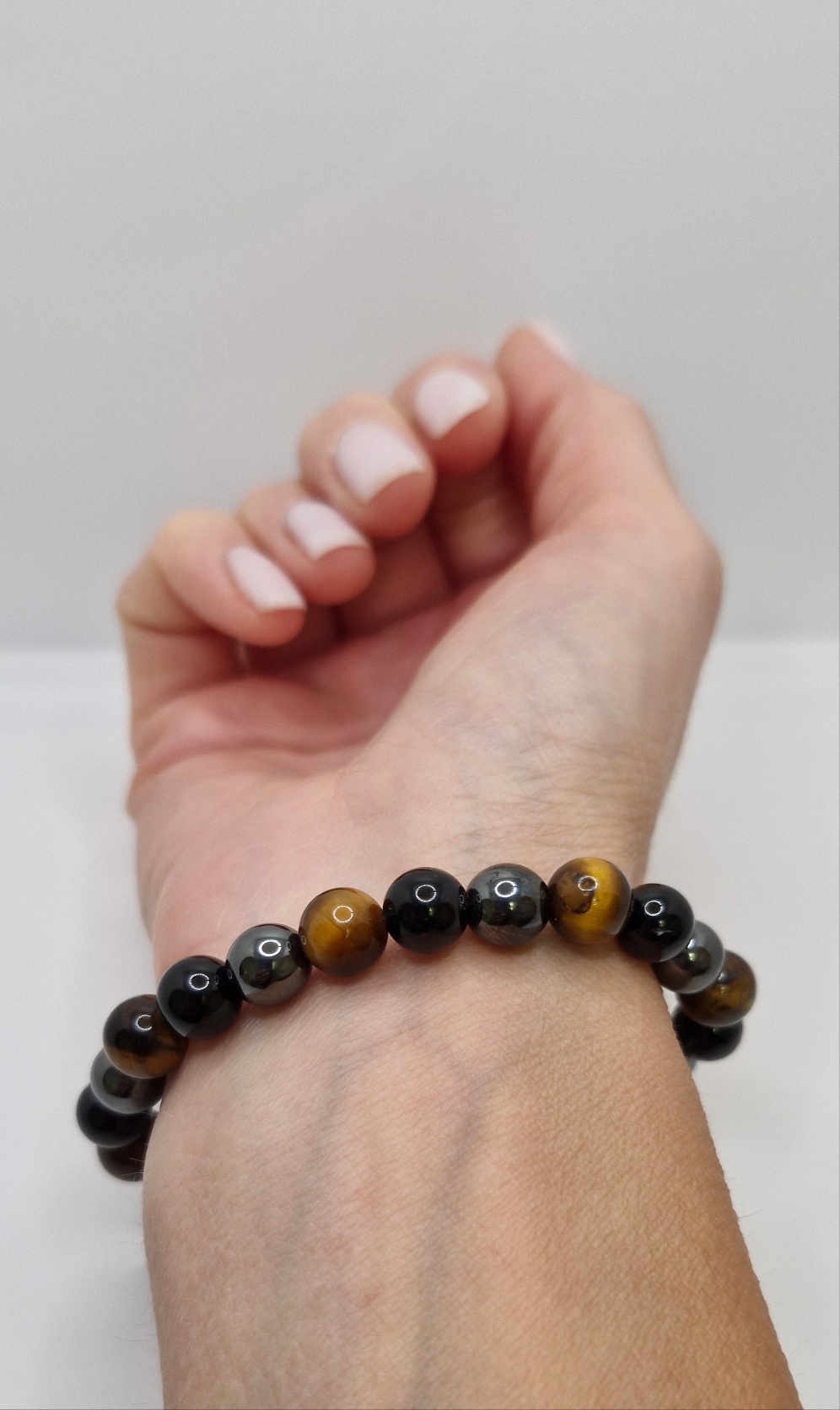 Triple Protection Bracelet with Hematite, Black Tourmaline & Tiger’s Eye. 8mm natural gemstones for grounding, protection, and confidence.