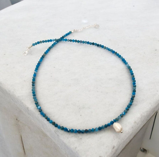 Handcrafted Blue Apatite and Freshwater Pearl Necklace with Sterling Silver Clasp