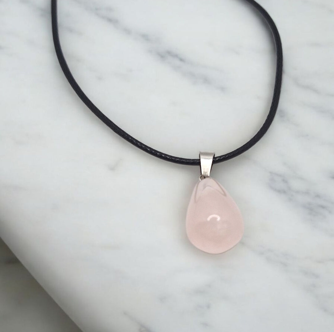 Rose quartz crystal teardrop pendant necklace, 14x24mm pink stone with 1.5mm black rope cord, minimalist healing jewellery gift.