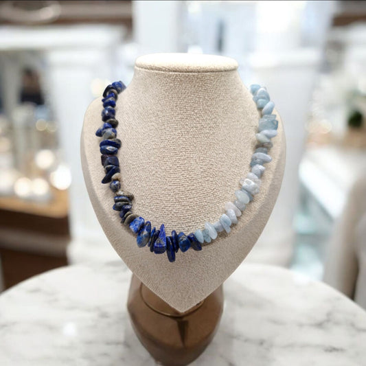 Boho-style aquamarine and lapis lazuli chip necklace, stainless steel S-hook clasp, handcrafted gemstone jewelry gift.