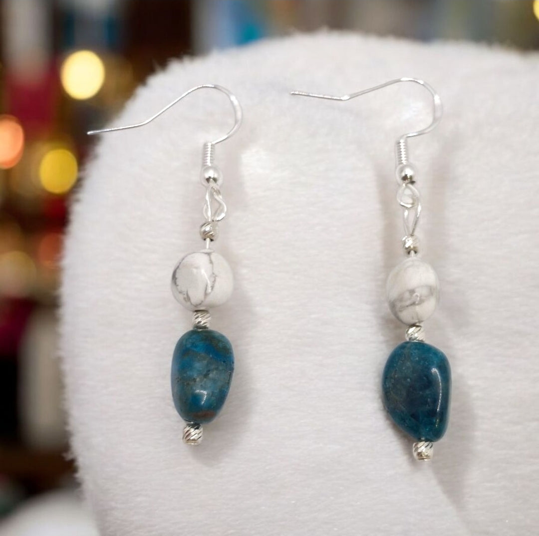Handmade Apatite and Howlite nugget earrings with sterling silver corrugated accent beads