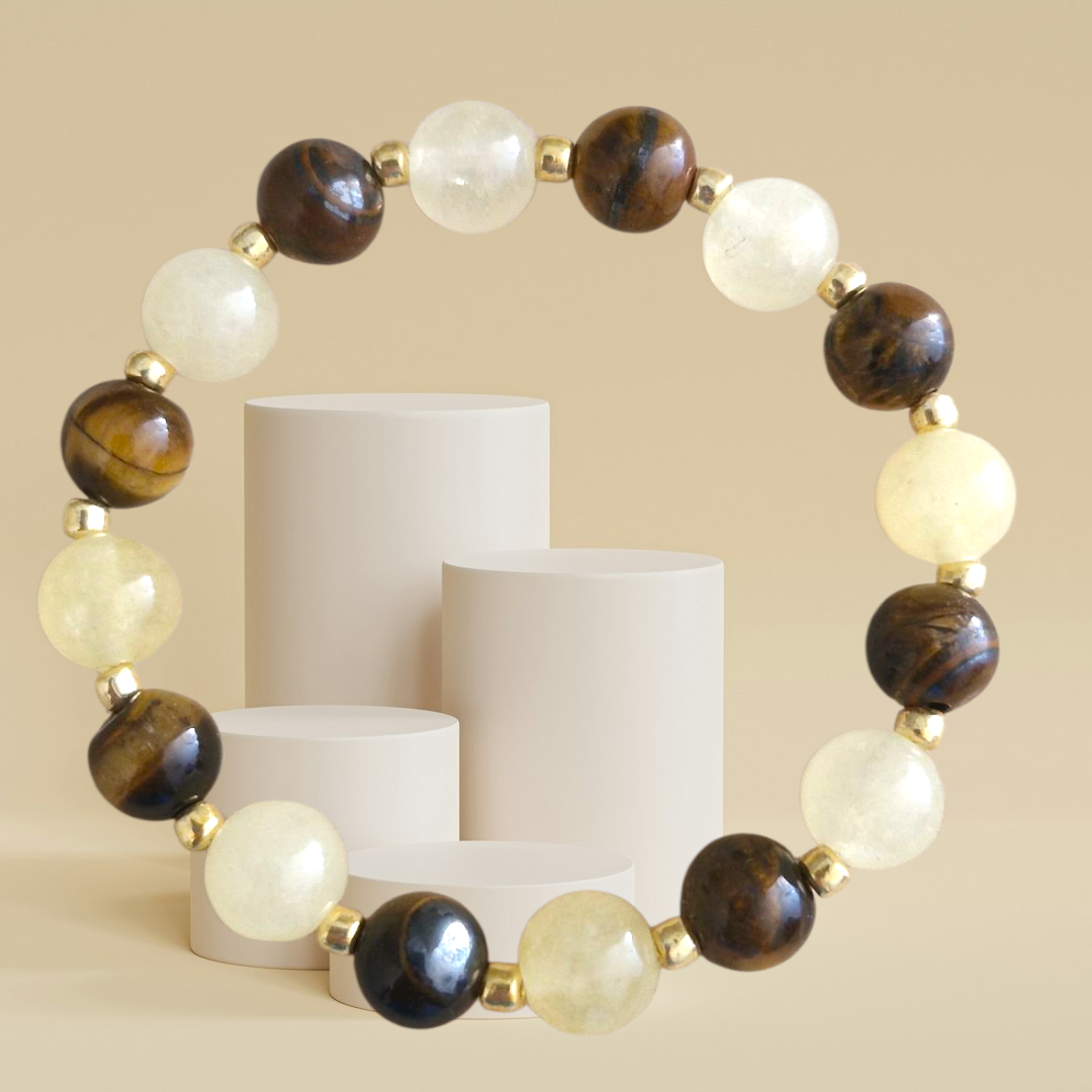 Handmade Citrine and Tiger Eye stretch bracelet with 8mm natural gemstone beads and premium Japanese Toho glass accents