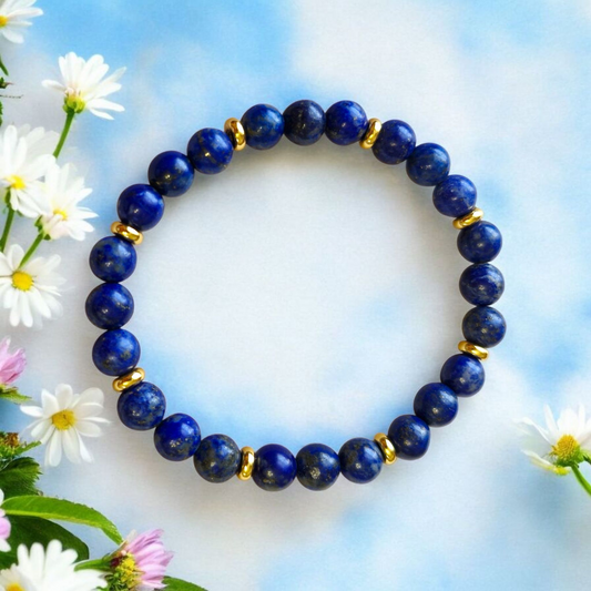 Handmade Lapis stretch bracelet with 4mm 18K gold-plated disk beads