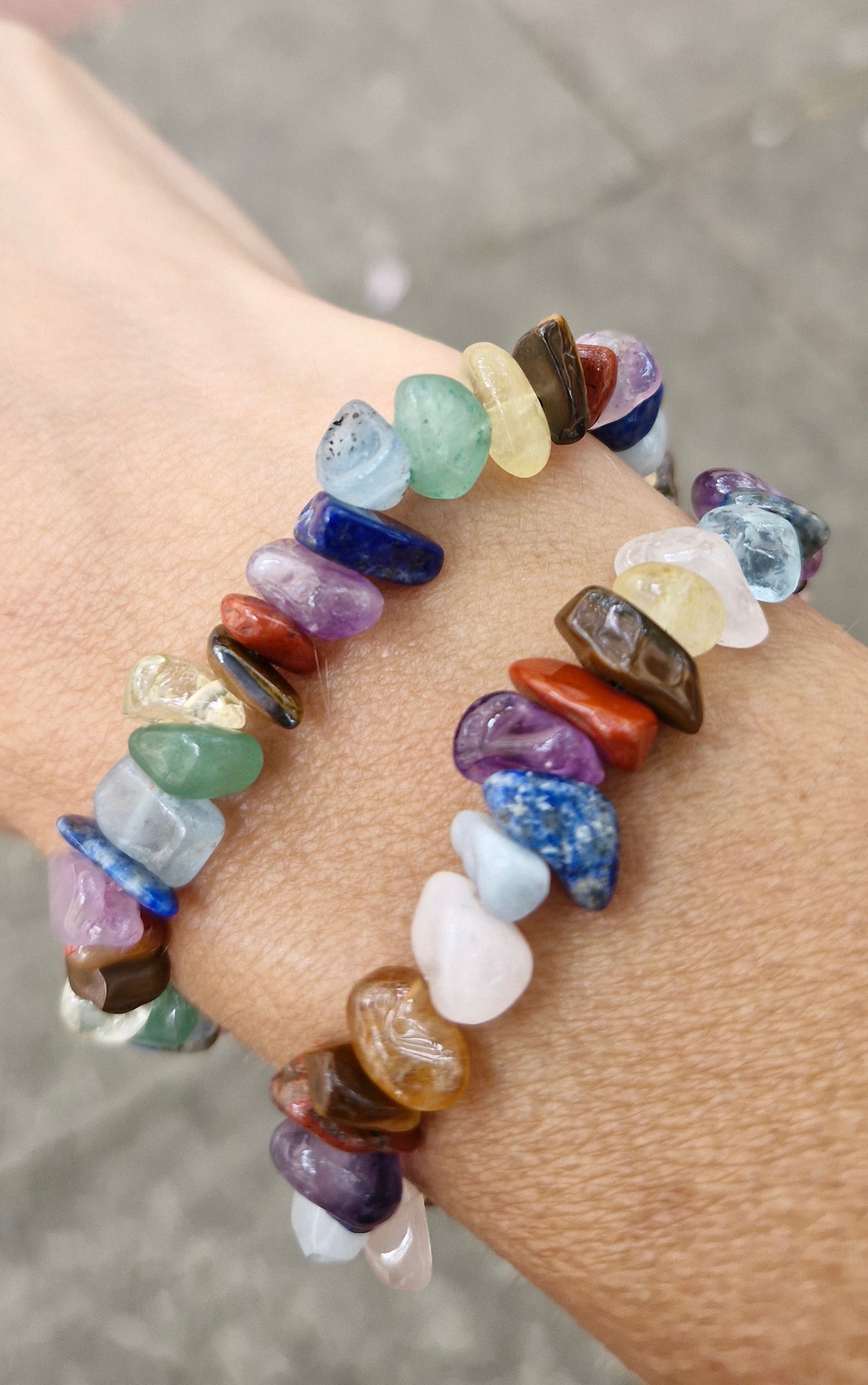 Multicolor stretch bracelet featuring Red Jasper, Tiger Eye, Citrine, Green Aventurine or Rose Quartz, Aquamarine, Lapis Lazuli, and Amethyst