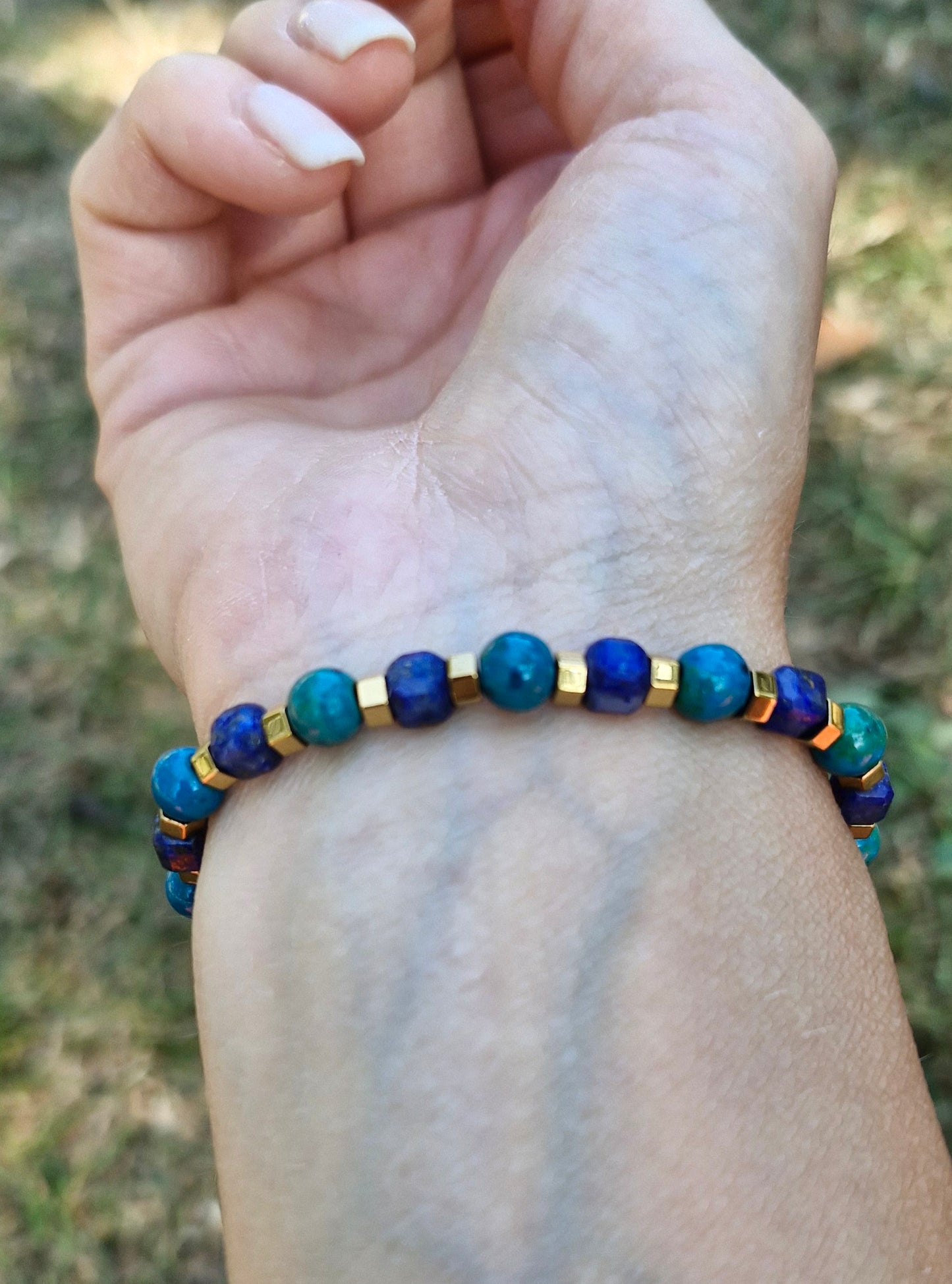 Blue Lapis Lazuli, green Chrysocolla and gold hematite crystal healing bracelet – unisex handmade jewellery