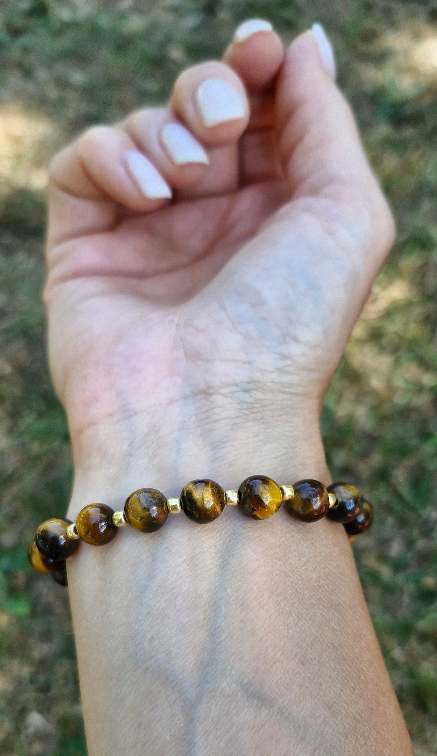 Grounding Tiger Eye gemstone bracelet, handmade with durable stretch cord and Toho glass beads
