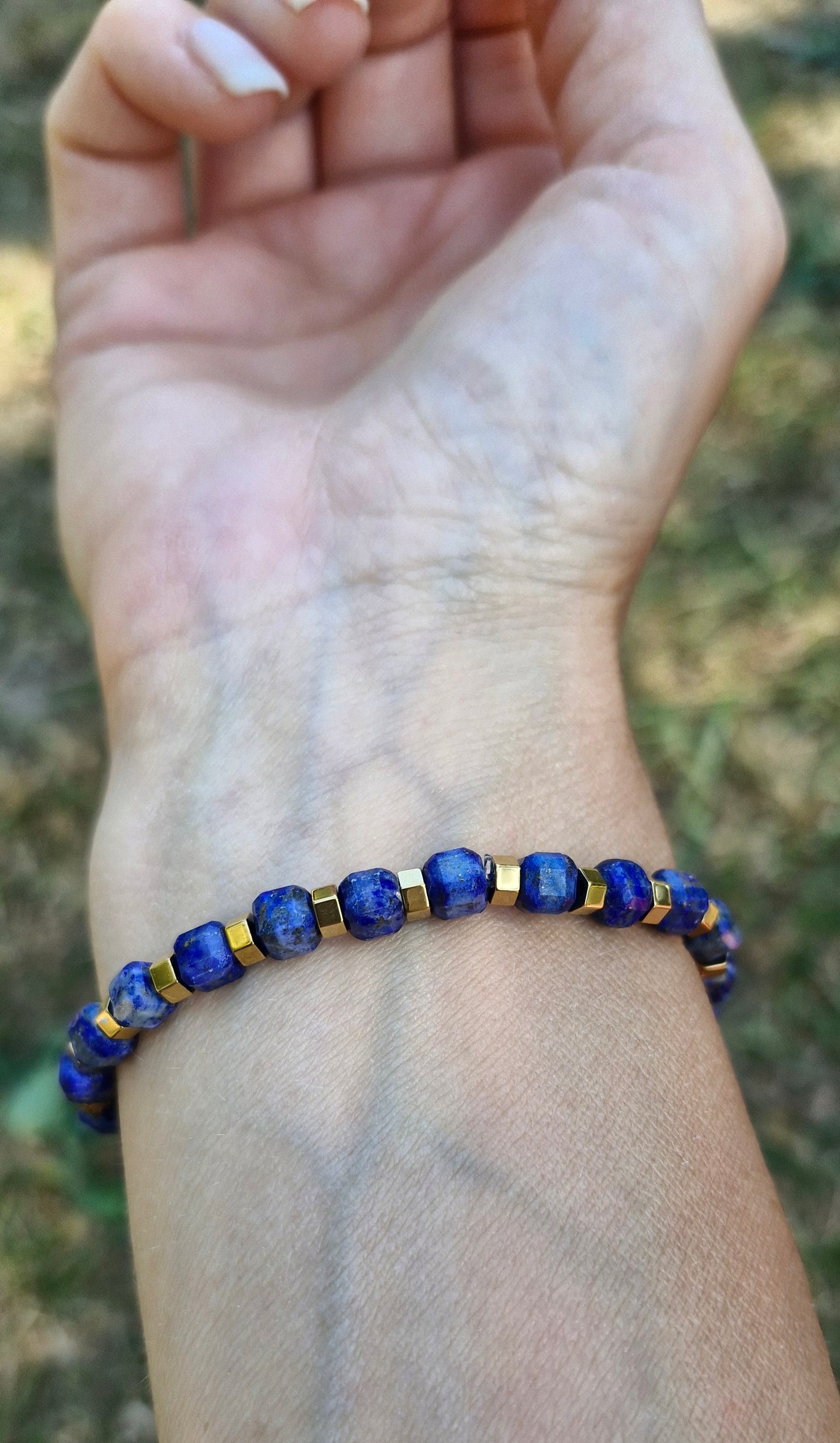 Blue Lapis Lazuli gemstone bracelet with Golden Hematite accents, spiritual healing jewellery gift