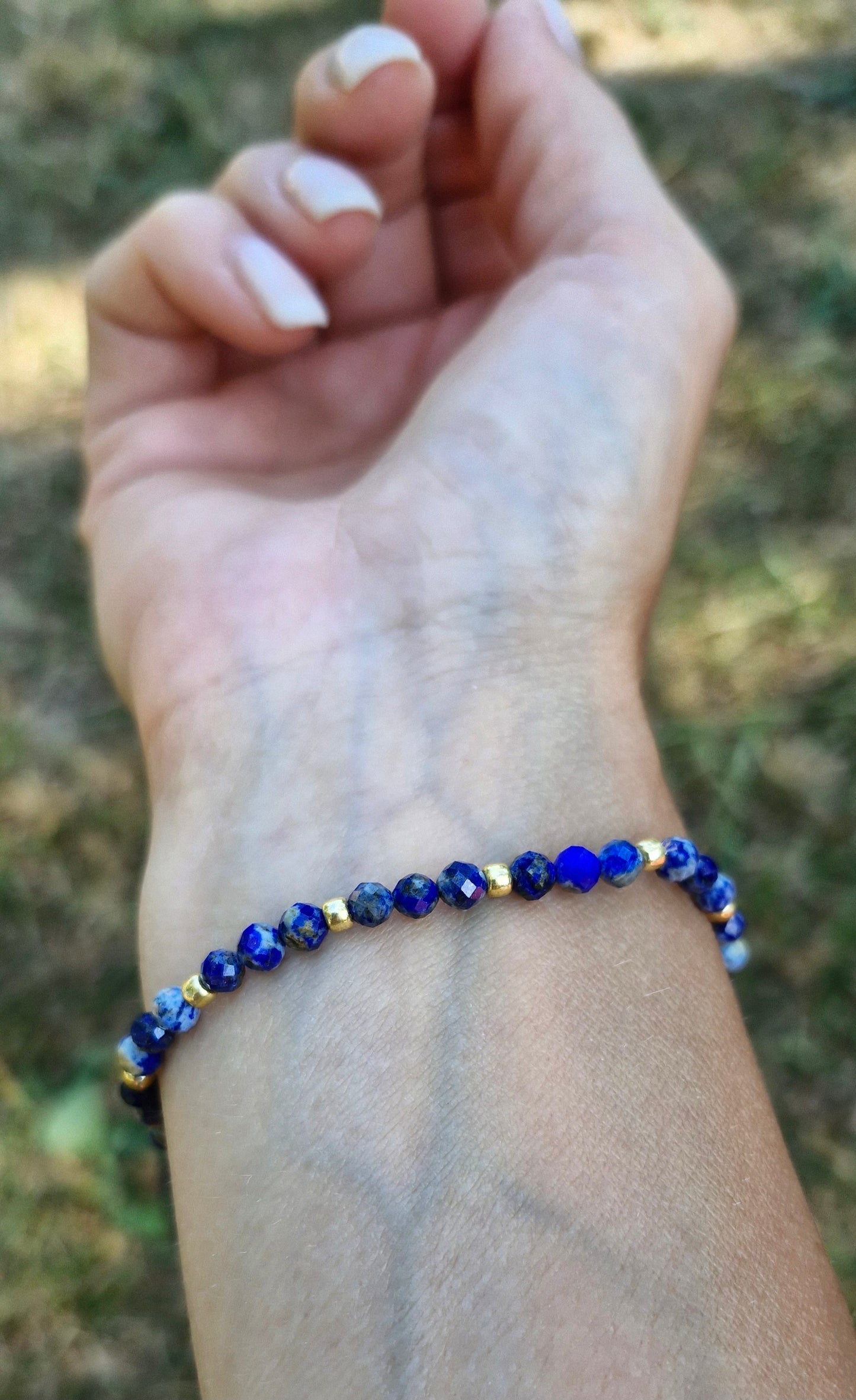 Blue Lapis Lazuli gemstone bracelet with 3mm Toho seed beads, unique handmade boho jewelry piece