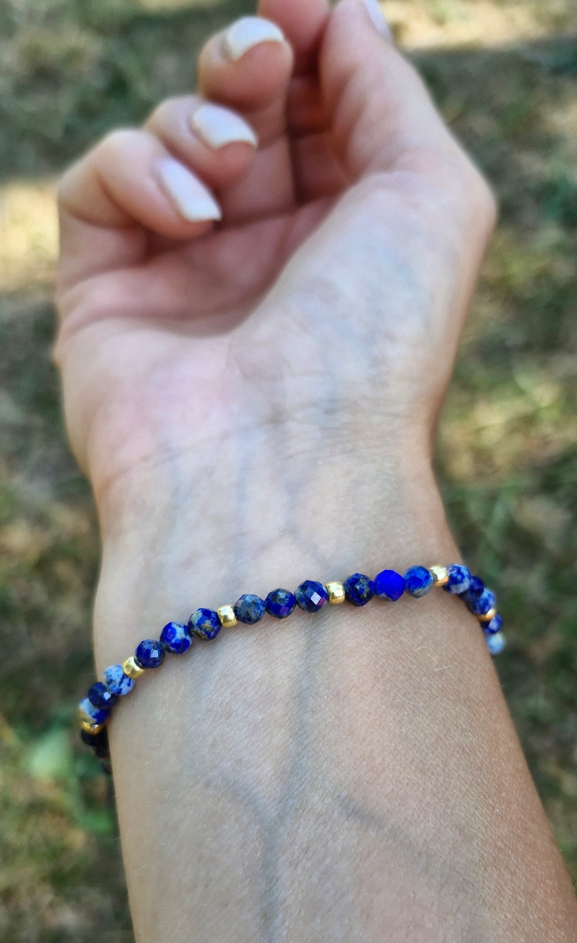Blue Lapis Lazuli gemstone bracelet with 3mm Toho seed beads, unique handmade boho jewelry piece