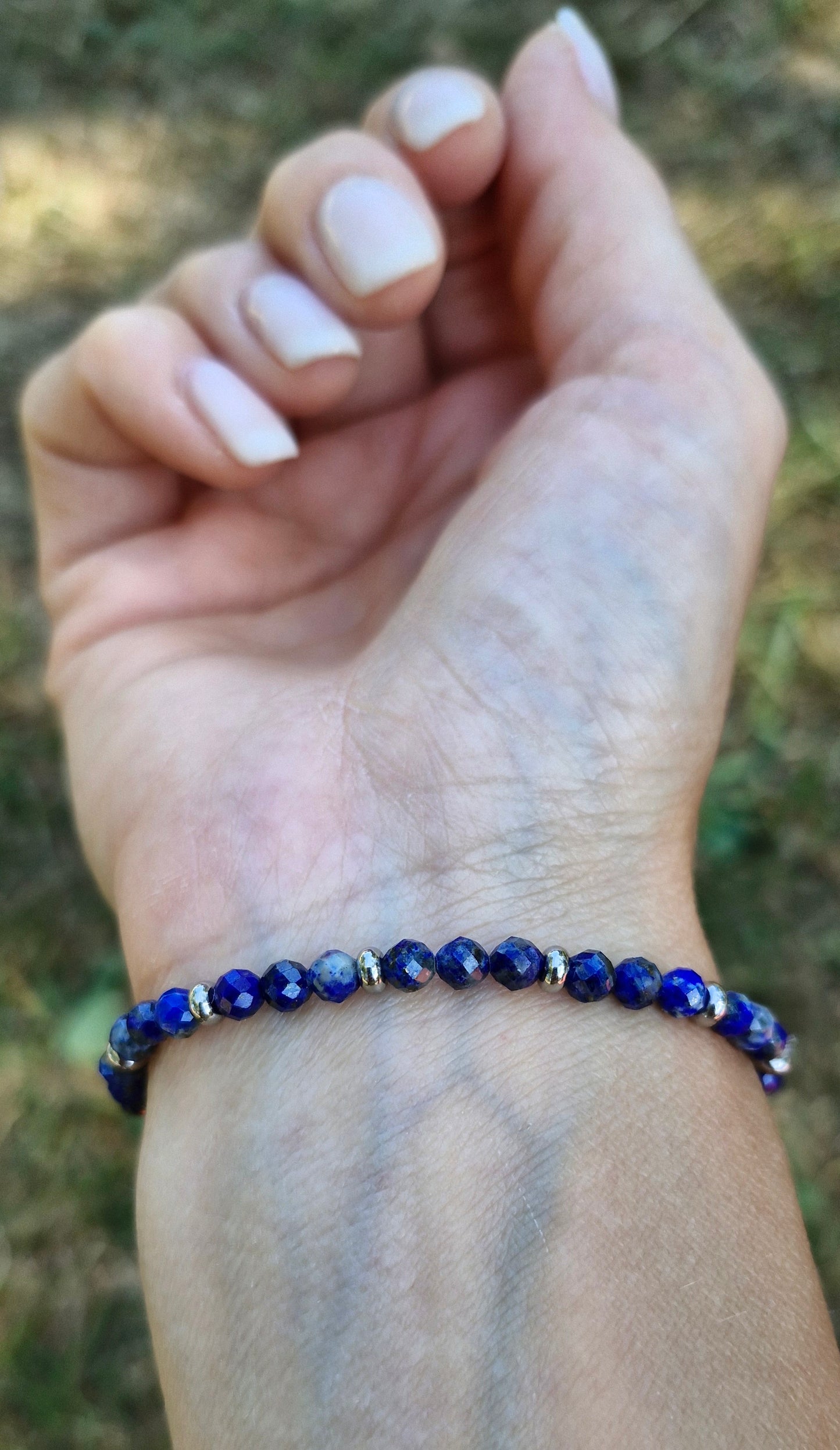Statement stretch bracelet with Lapis Lazuli gemstones and polished stainless steel beads, handmade jewelry gift