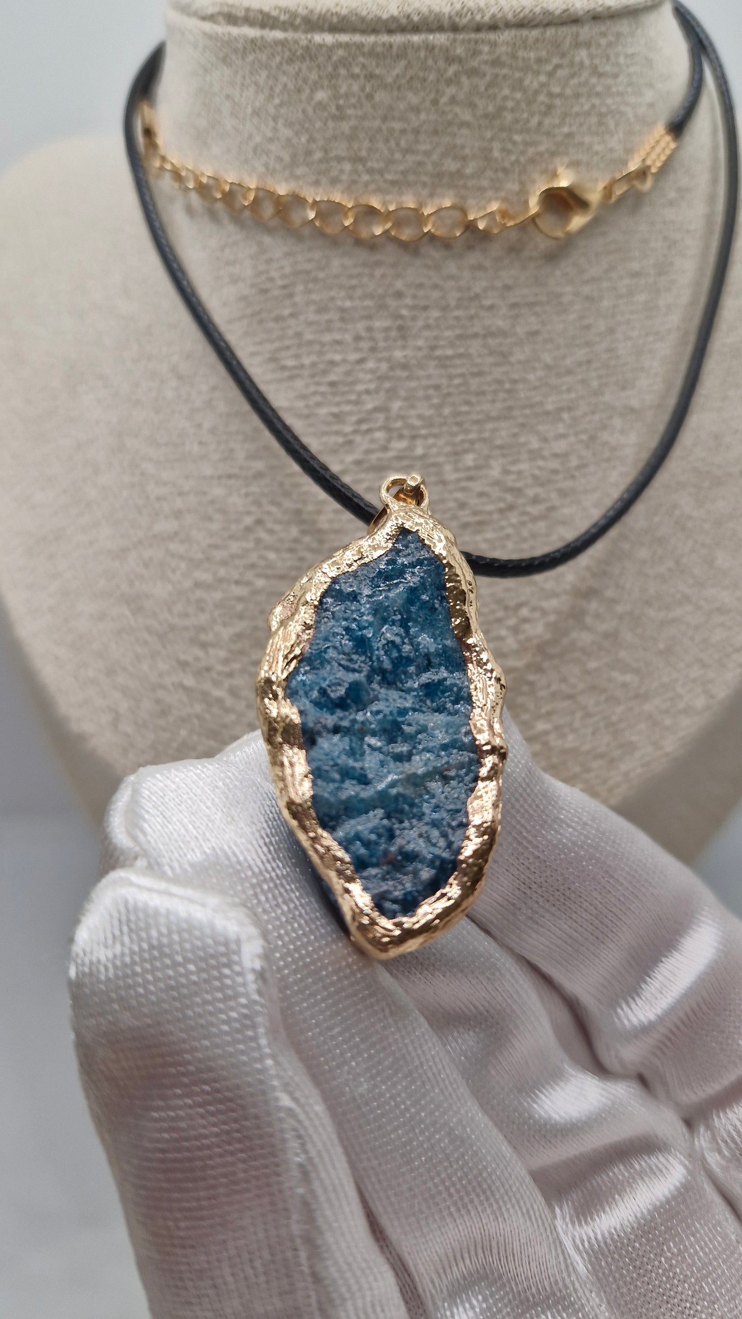 Vibrant blue apatite pendant necklace with black rope, perfect gift for women