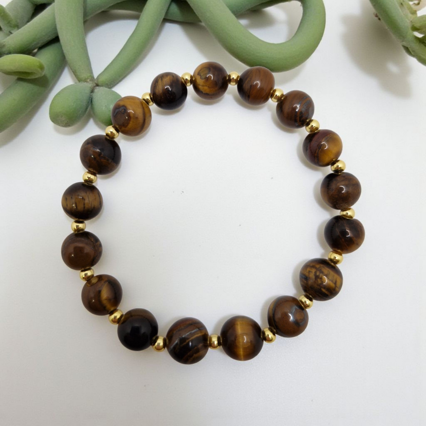 Black Rainbow Obsidian or Tiger Eye Bracelet for Protection and Confidence – 8mm Gemstones with 18K Gold-Plated Beads