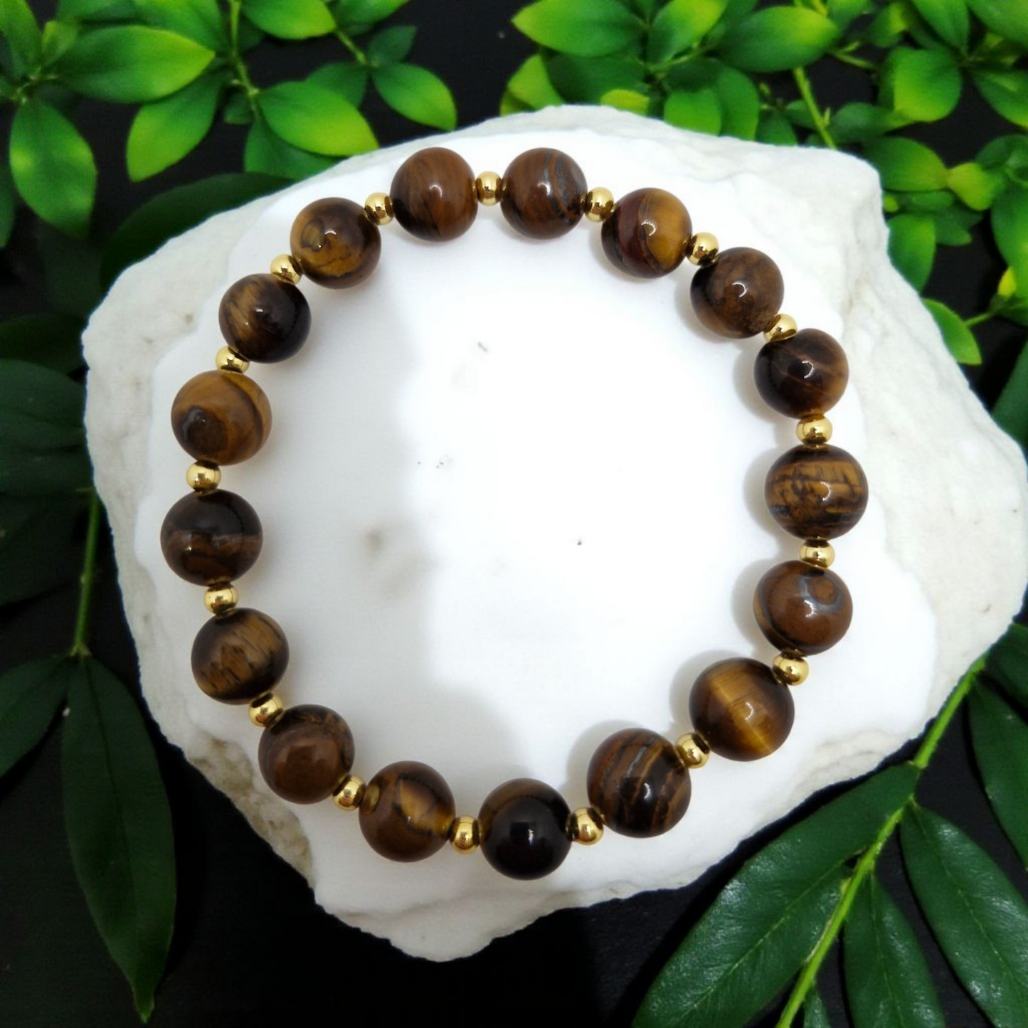 Black Rainbow Obsidian or Tiger Eye Bracelet for Protection and Confidence – 8mm Gemstones with 18K Gold-Plated Beads