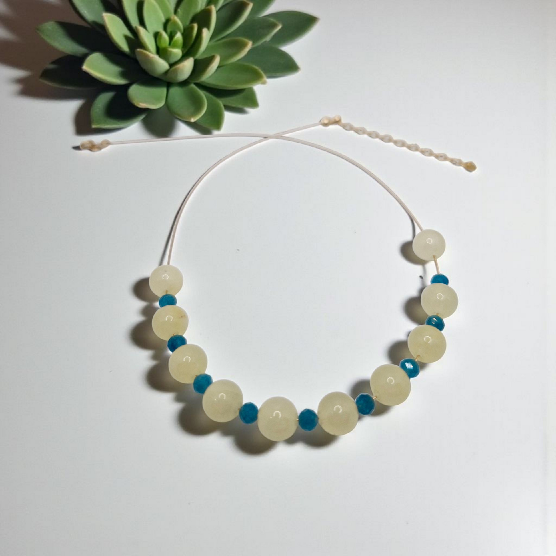 Close-up of Citrine & Turquoise gemstone choker necklace with adjustable 2-inch extension chain and durable gold filled clasp.