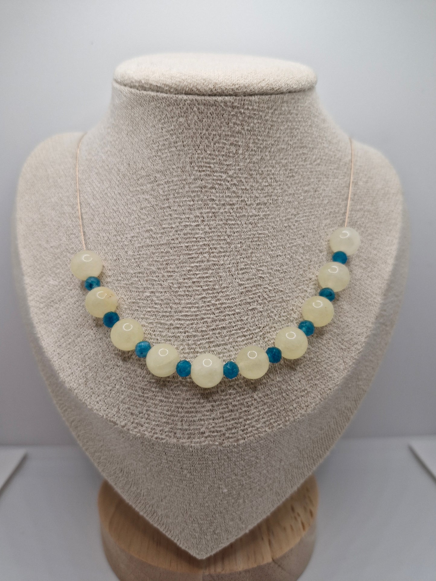 Handcrafted Citrine & Turquoise choker necklace worn on neck, highlighting vibrant gemstones and gold filled clasp.