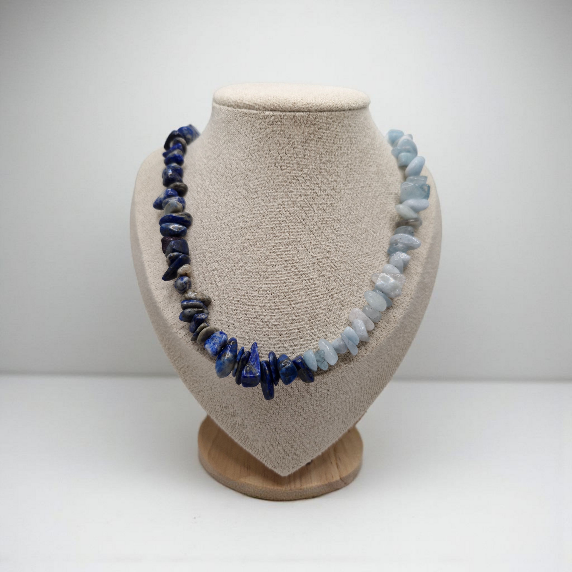 Aquamarine & Lapis Lazuli chip necklace with stainless steel S-hook clasp.