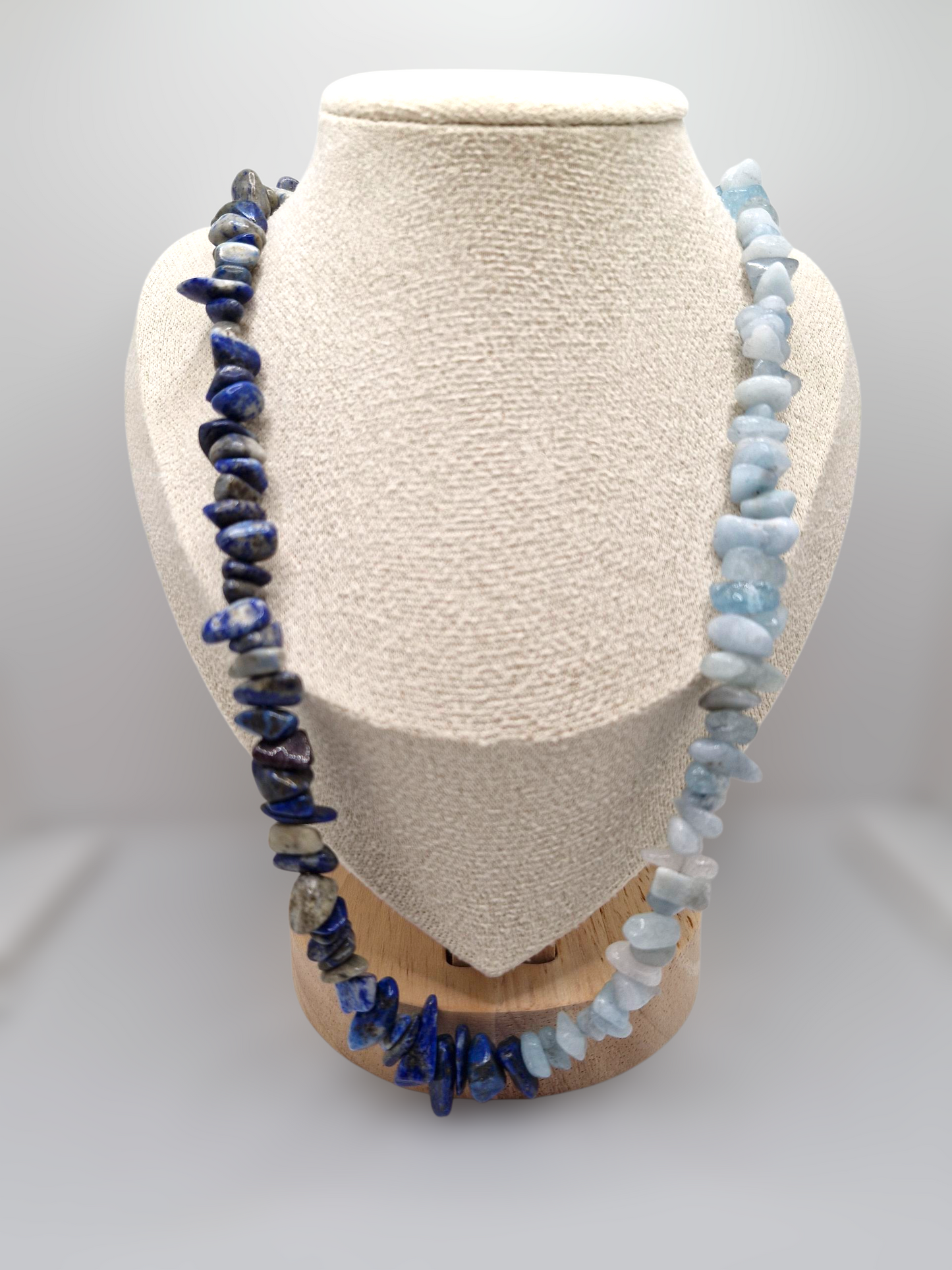 Handmade aquamarine and lapis lazuli chip necklace with stainless steel S-hook clasp, perfect for chakra healing and everyday wear.