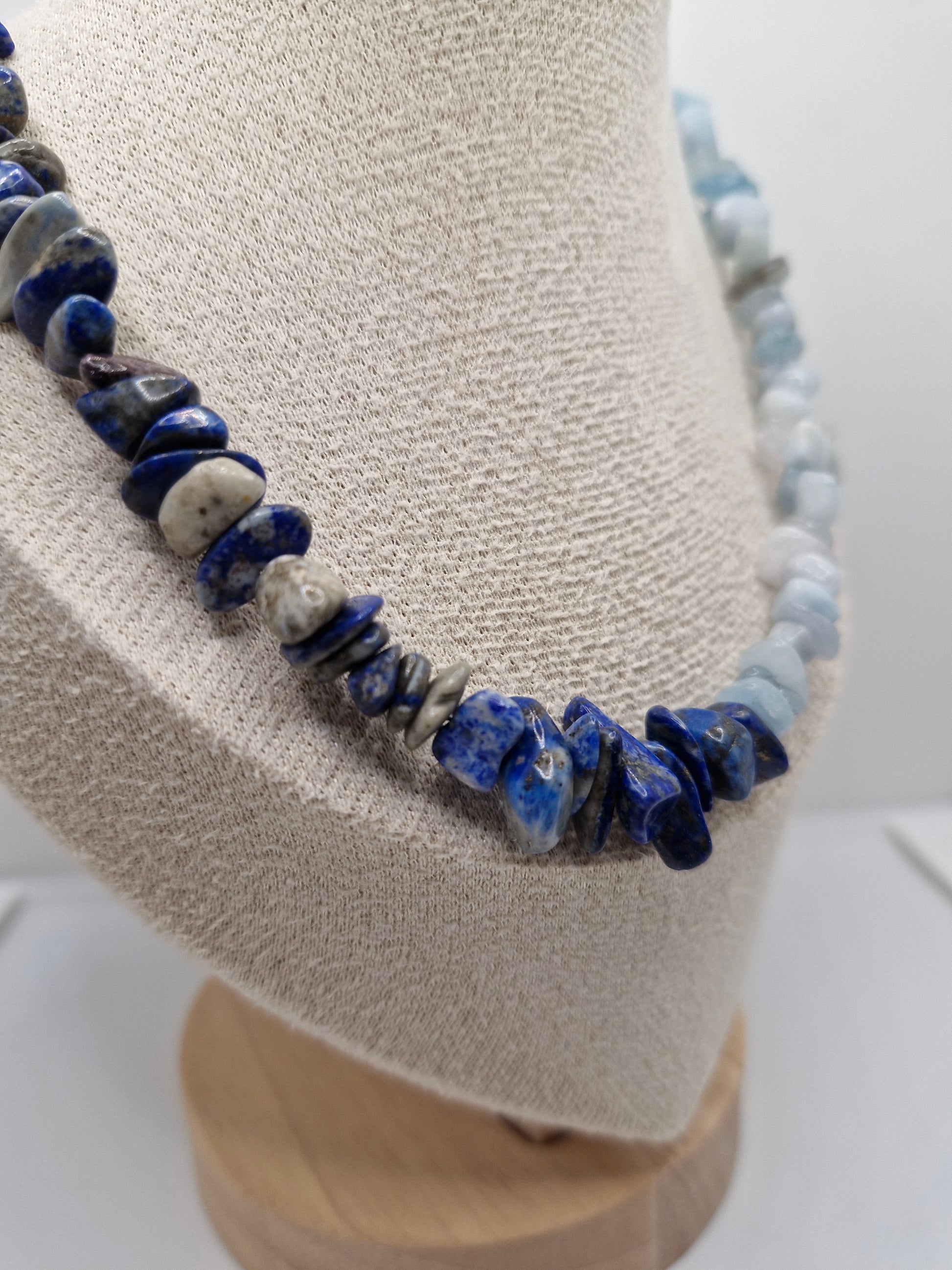 Aquamarine and lapis lazuli healing crystal necklace, stainless steel S-hook clasp, handmade gemstone jewelry for daily wear or gifting.