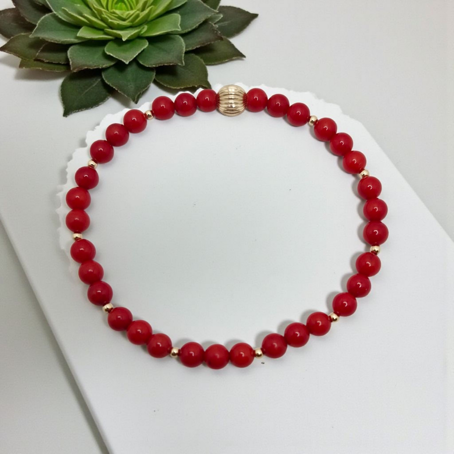 Handmade red Bamboo Coral bracelet with 4mm smooth coral beads and 2mm gold filled accents
