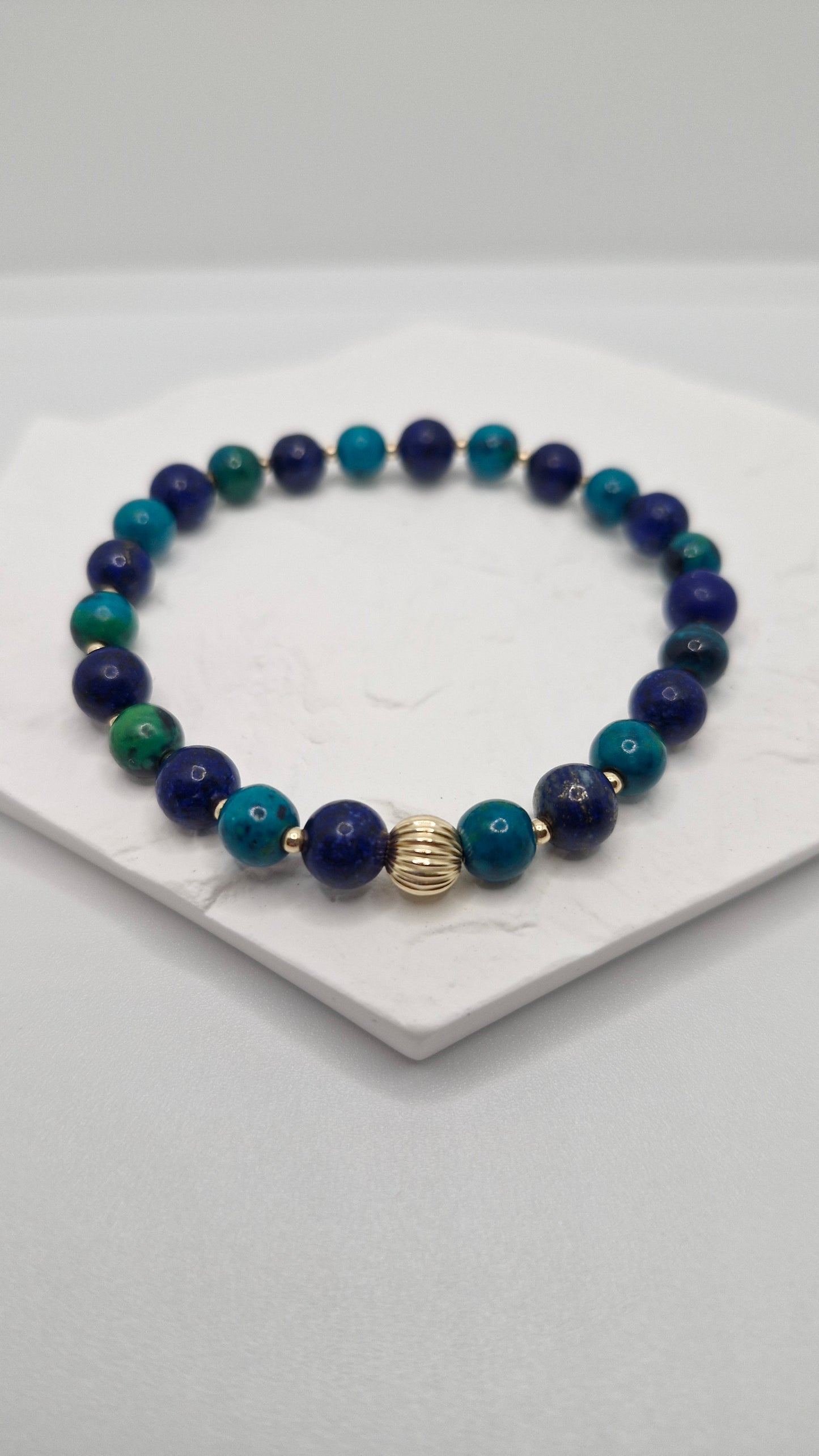 Elegant unisex stretch bracelet featuring natural Lapis Lazuli, Chrysocolla, and durable gold filled beads