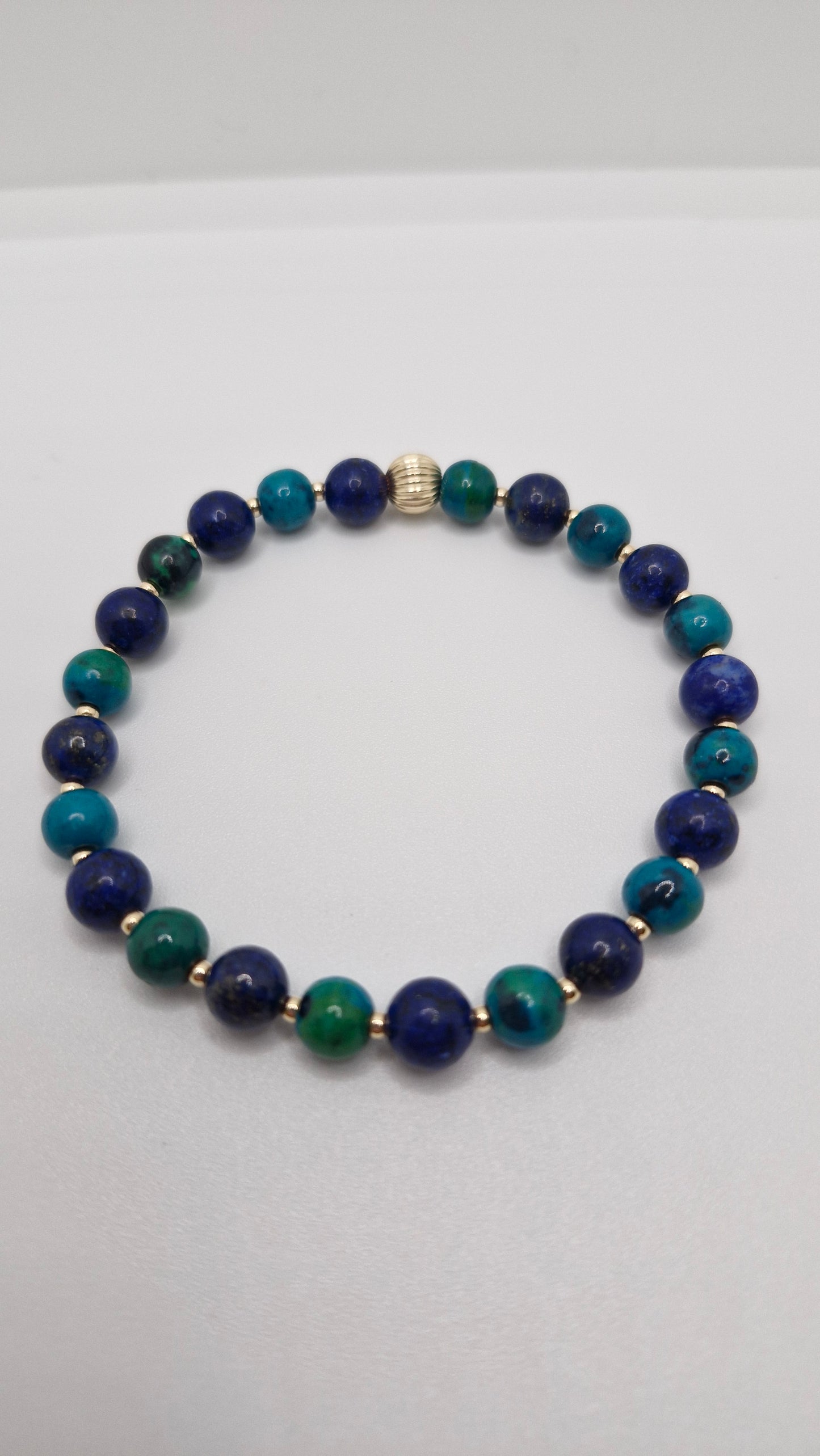 Handcrafted gemstone bracelet with vibrant blue Lapis Lazuli, teal Chrysocolla, and gold filled beads for everyday wear