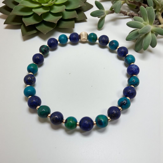 Handmade stretch bracelet with 6mm Lapis Lazuli and Chrysocolla beads, accented with 2mm and 6mm gold filled beads