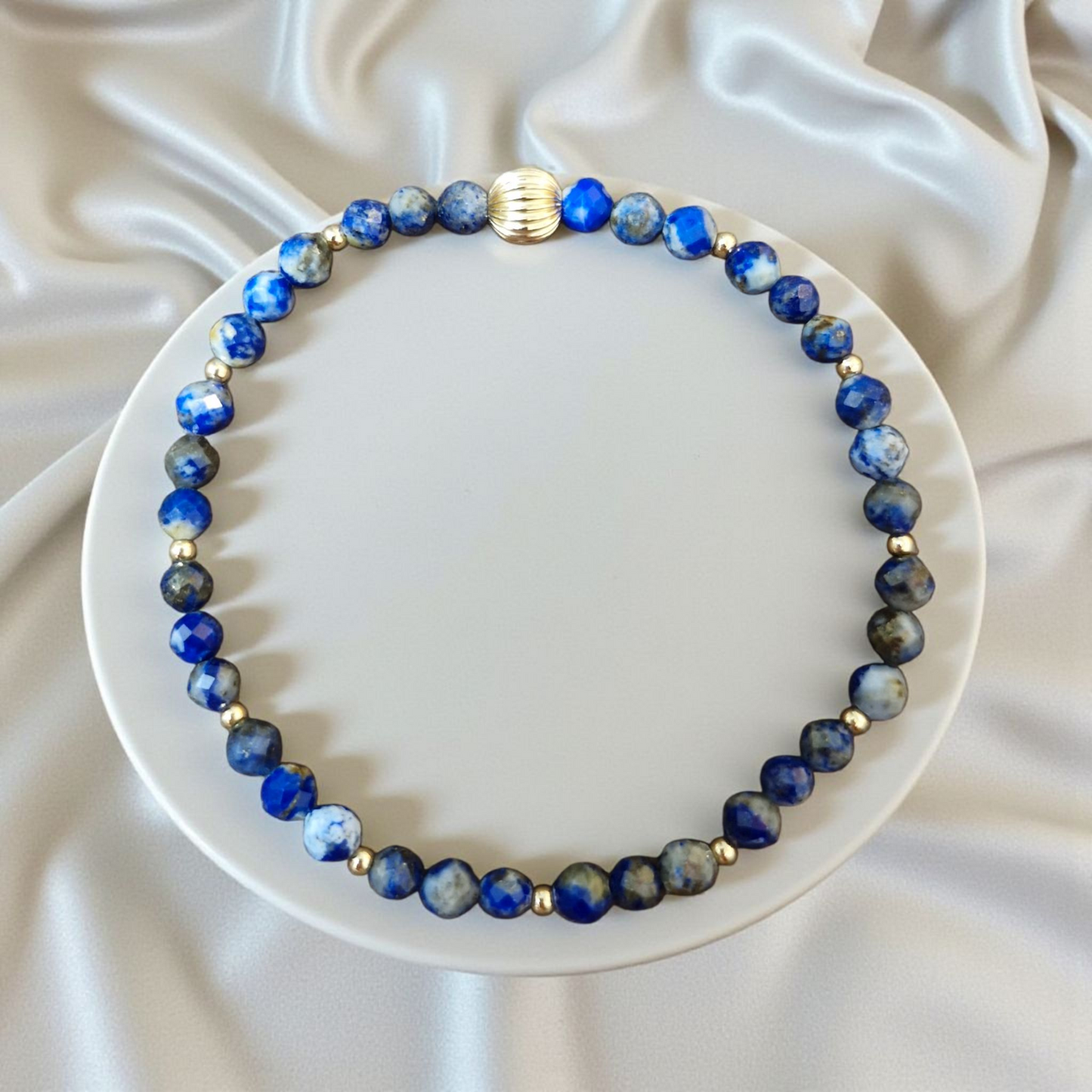Handmade Lapis Lazuli stretch bracelet with 2mm and 6mm gold filled beads