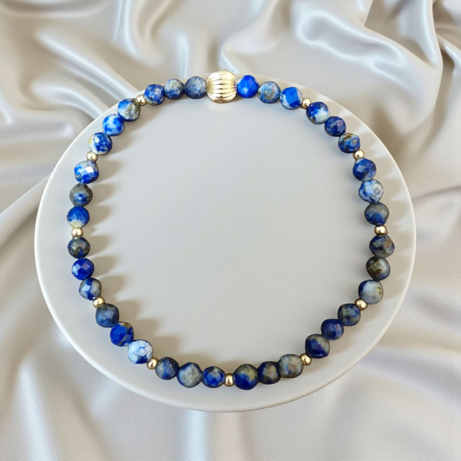 Handmade Lapis Lazuli stretch bracelet with 2mm and 6mm gold filled beads