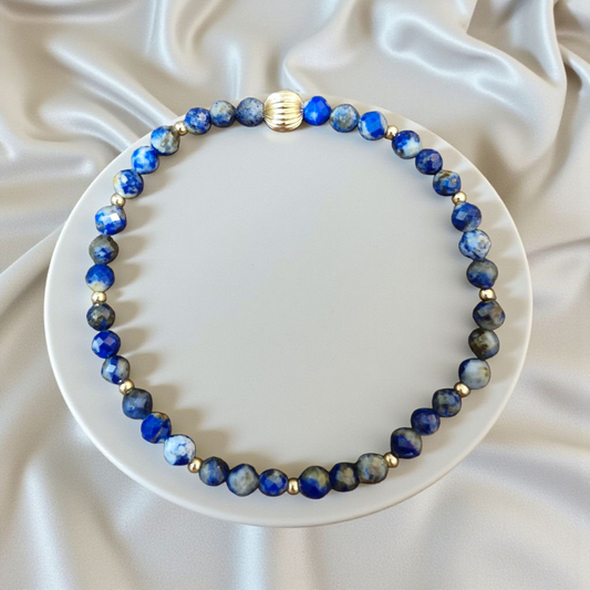 Handmade Lapis Lazuli stretch bracelet with 2mm and 6mm gold filled beads