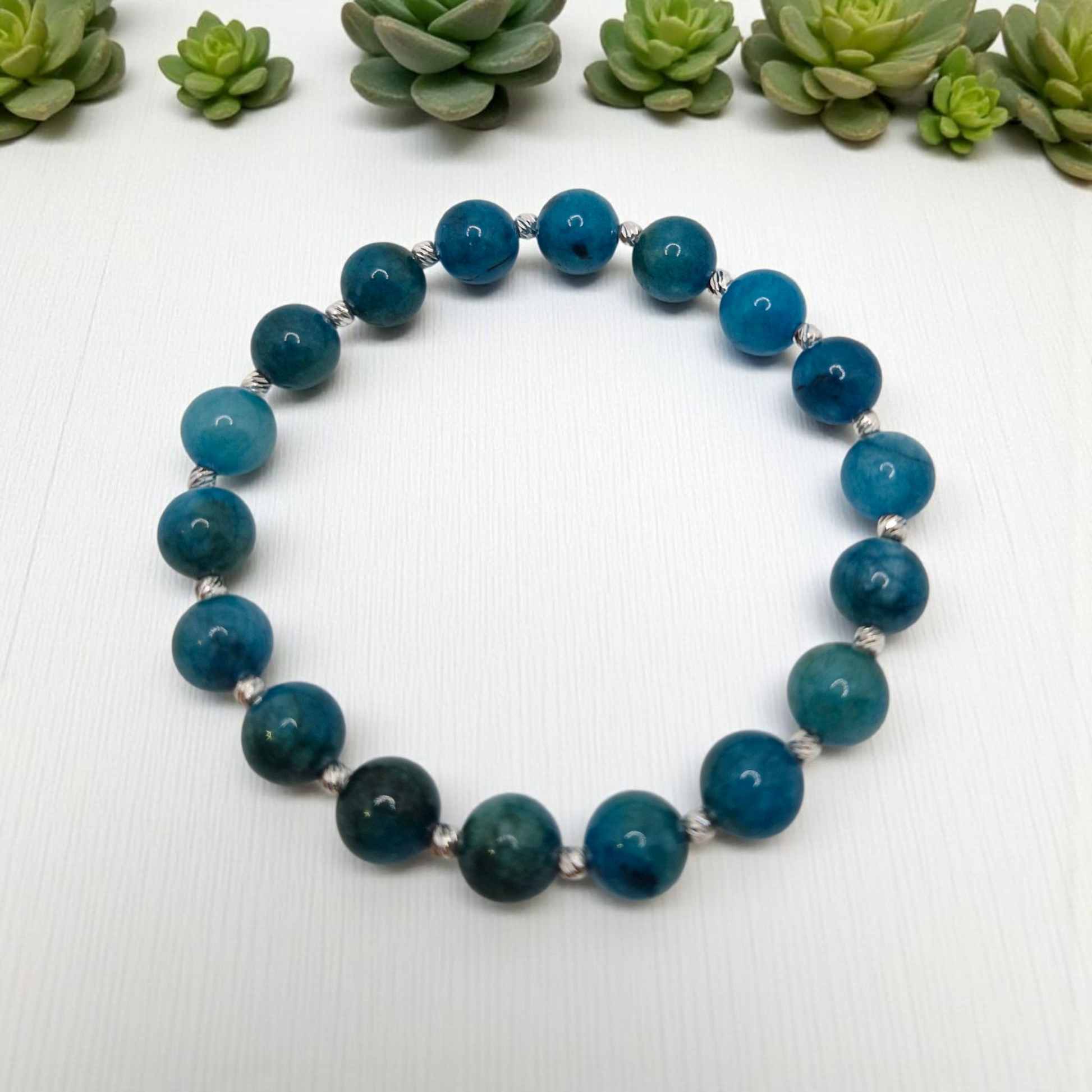 Blue Apatite 8mm stretch bracelet with sterling silver accents and corrugated beads, handmade jewellery gift.