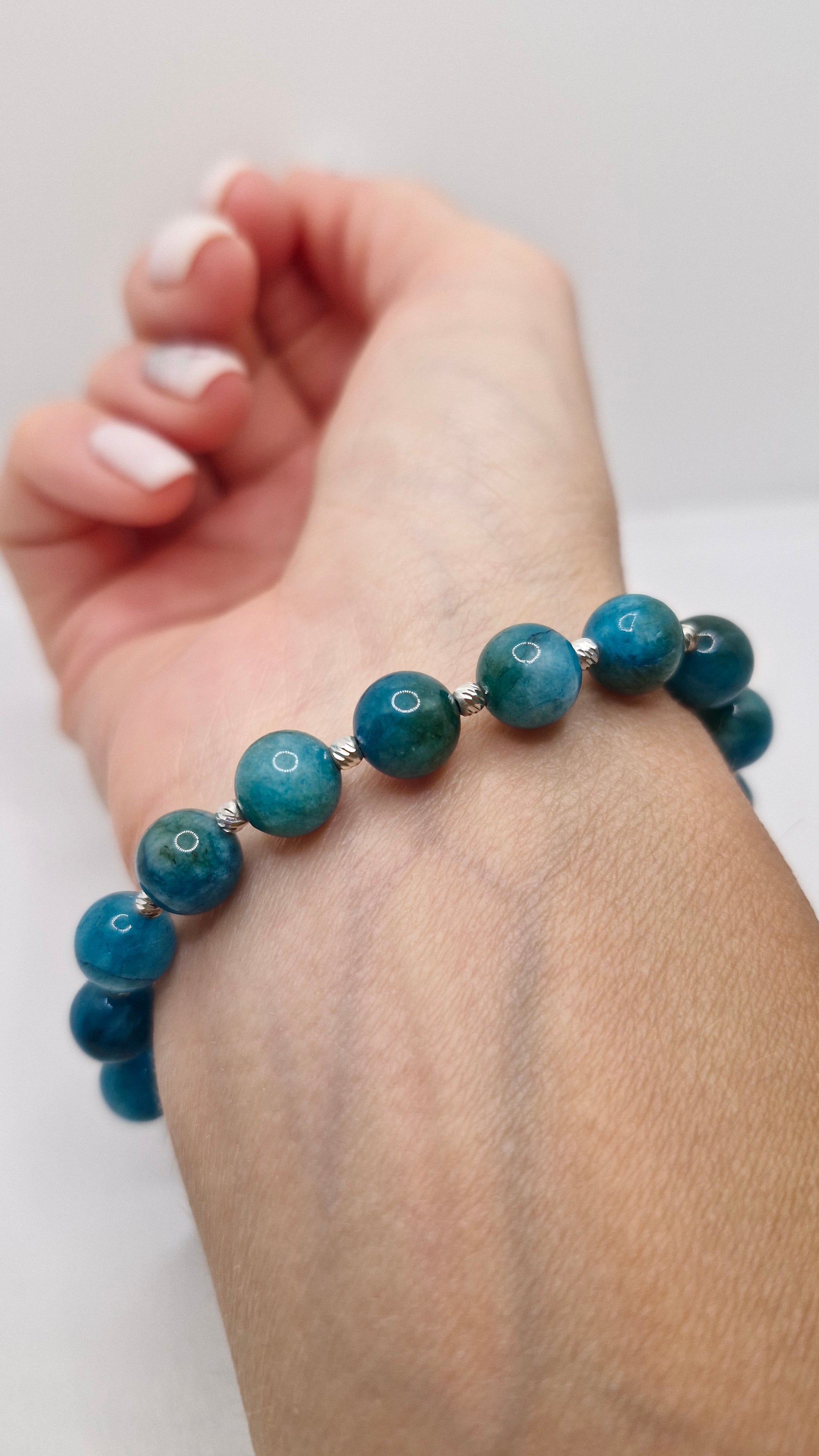 Minimalist Blue Apatite stretch bracelet with 8mm natural beads and sterling silver corrugated spacers.
