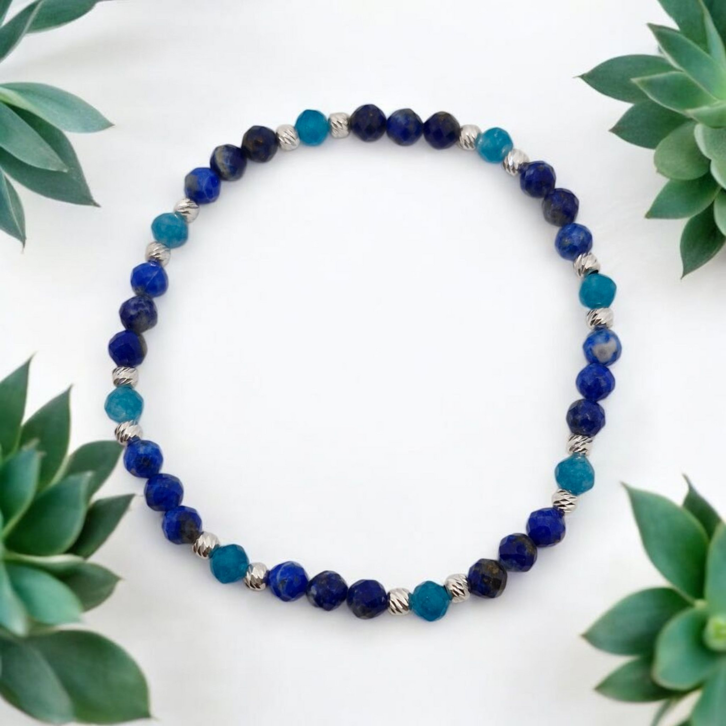Blue Turquoise & Lapis Lazuli Stretch Bracelet for Communication and Wisdom – 4mm Faceted Gemstones with Sterling Silver