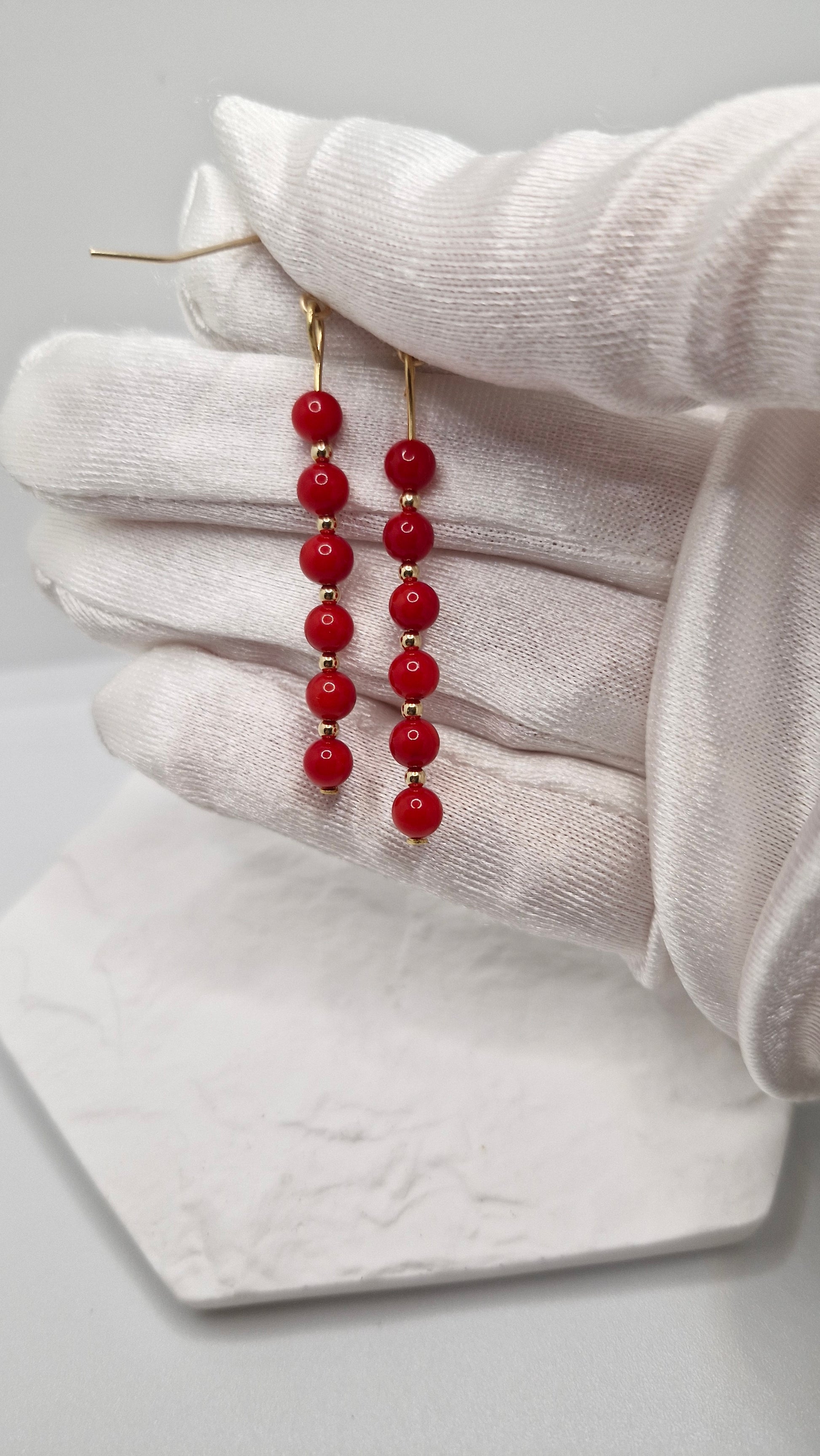 Handmade red coral beaded earrings – 4mm dyed coral beads with gold-filled accents and hooks, ocean-inspired jewellery.