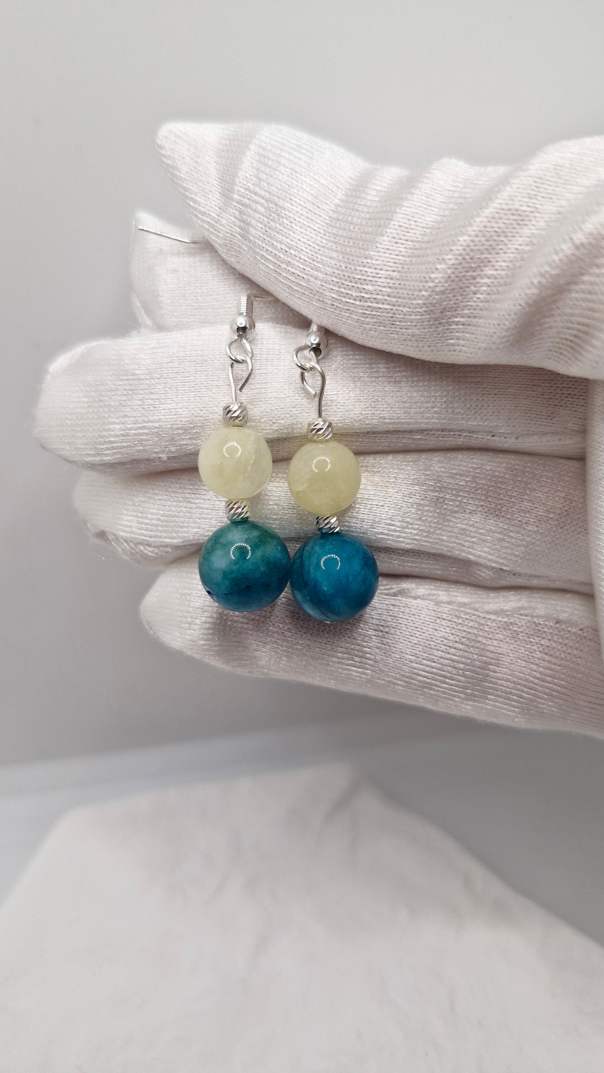 Citrine and Apatite dangle earrings featuring natural gemstone beads, corrugated silver accents, and sterling silver hooks handmade jewelry