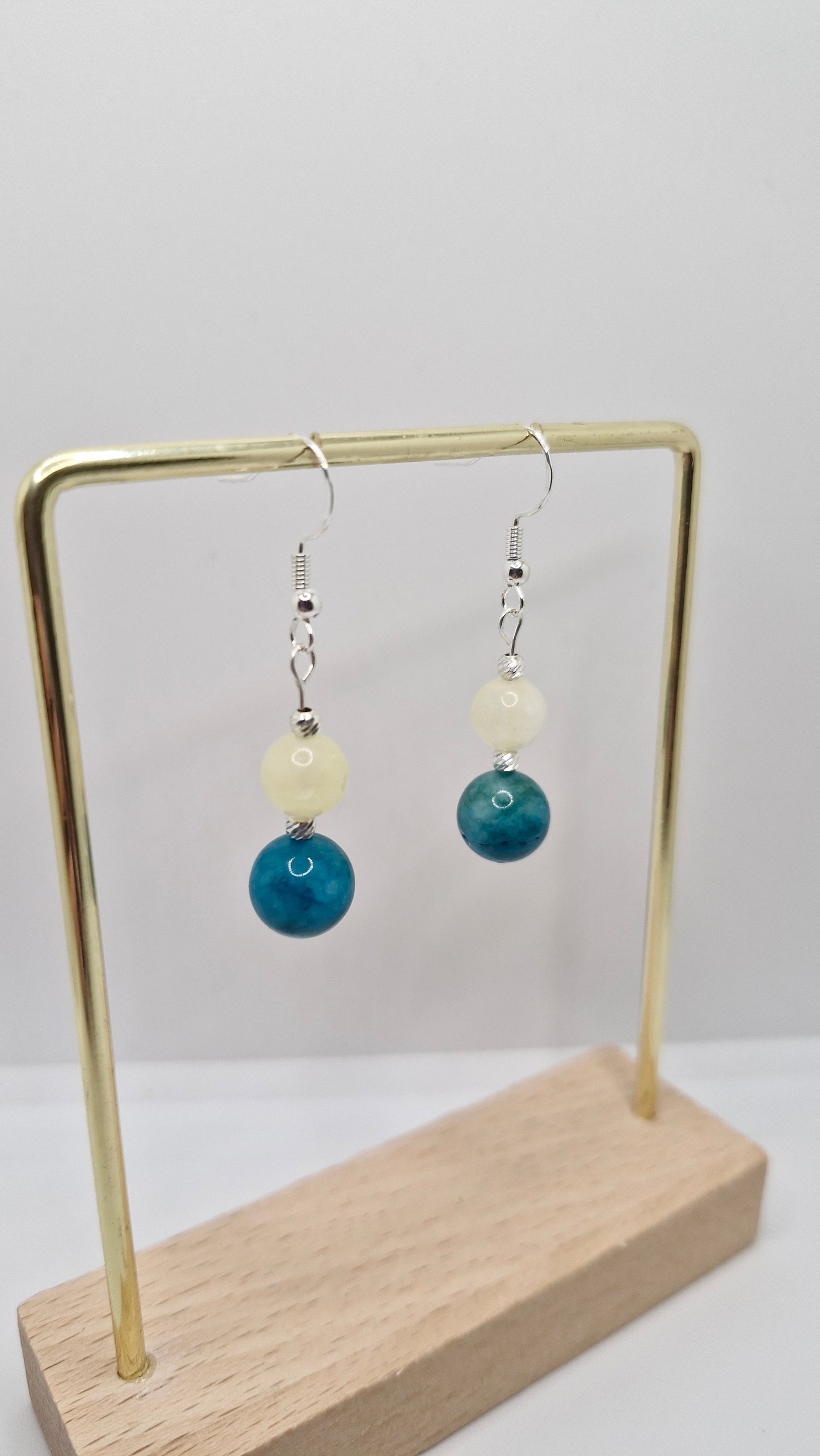 Handmade Citrine and Apatite earrings with sterling silver hooks and corrugated silver bead accents dangle gemstone jewelry