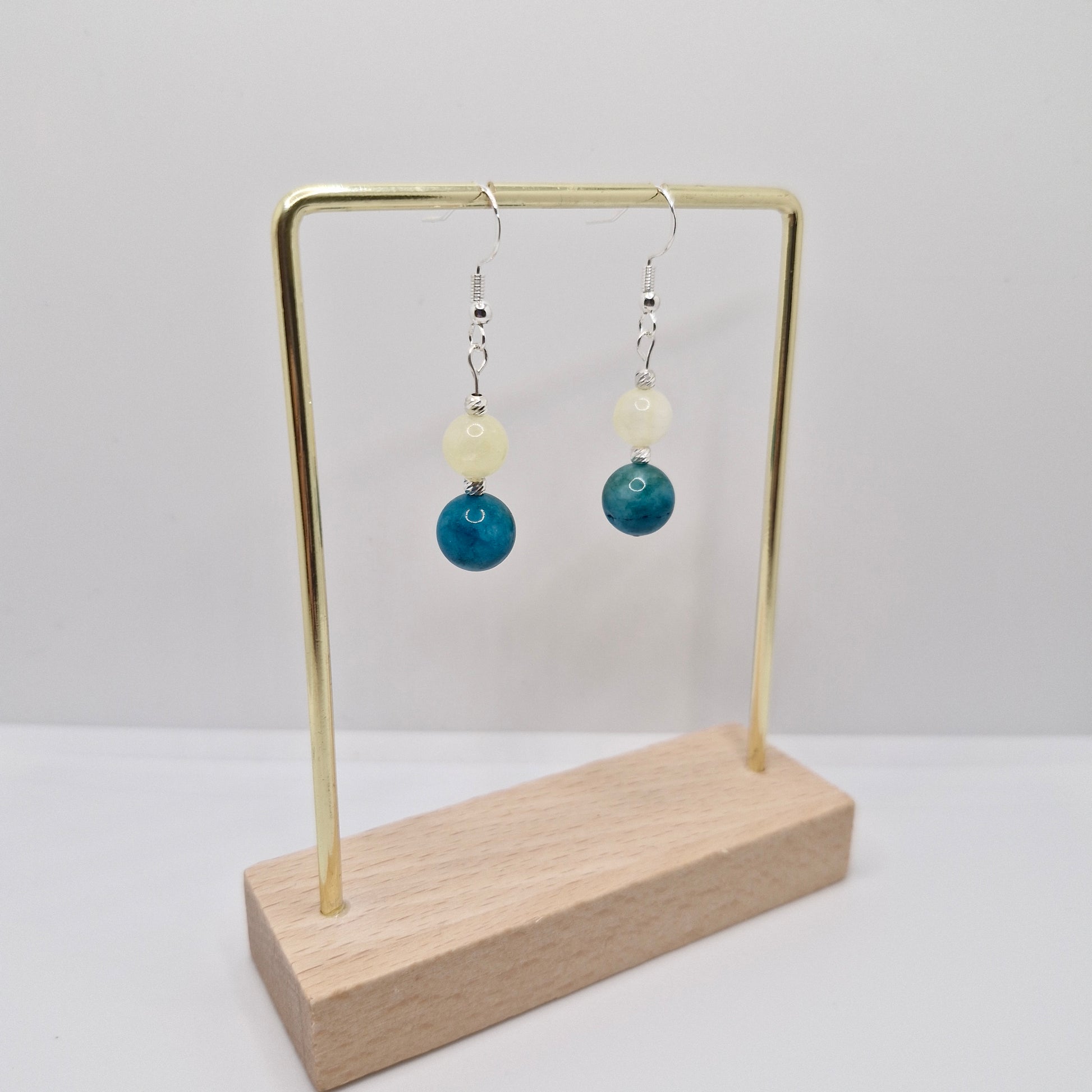 Handcrafted Citrine and Apatite gemstone dangle earrings with corrugated silver bead accents and sterling silver hooks elegant jewelry