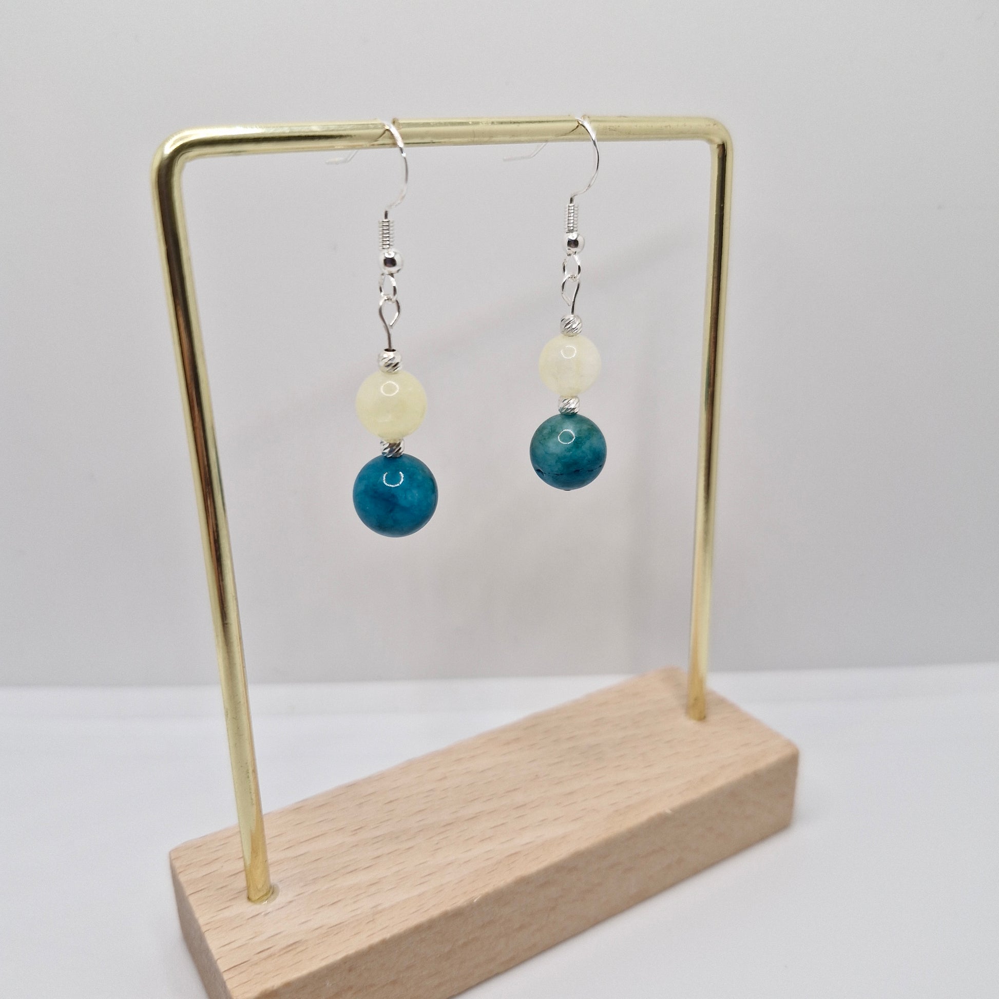 Citrine and Apatite earrings promoting joy, creativity, and balance featuring sterling silver hooks and corrugated silver beads