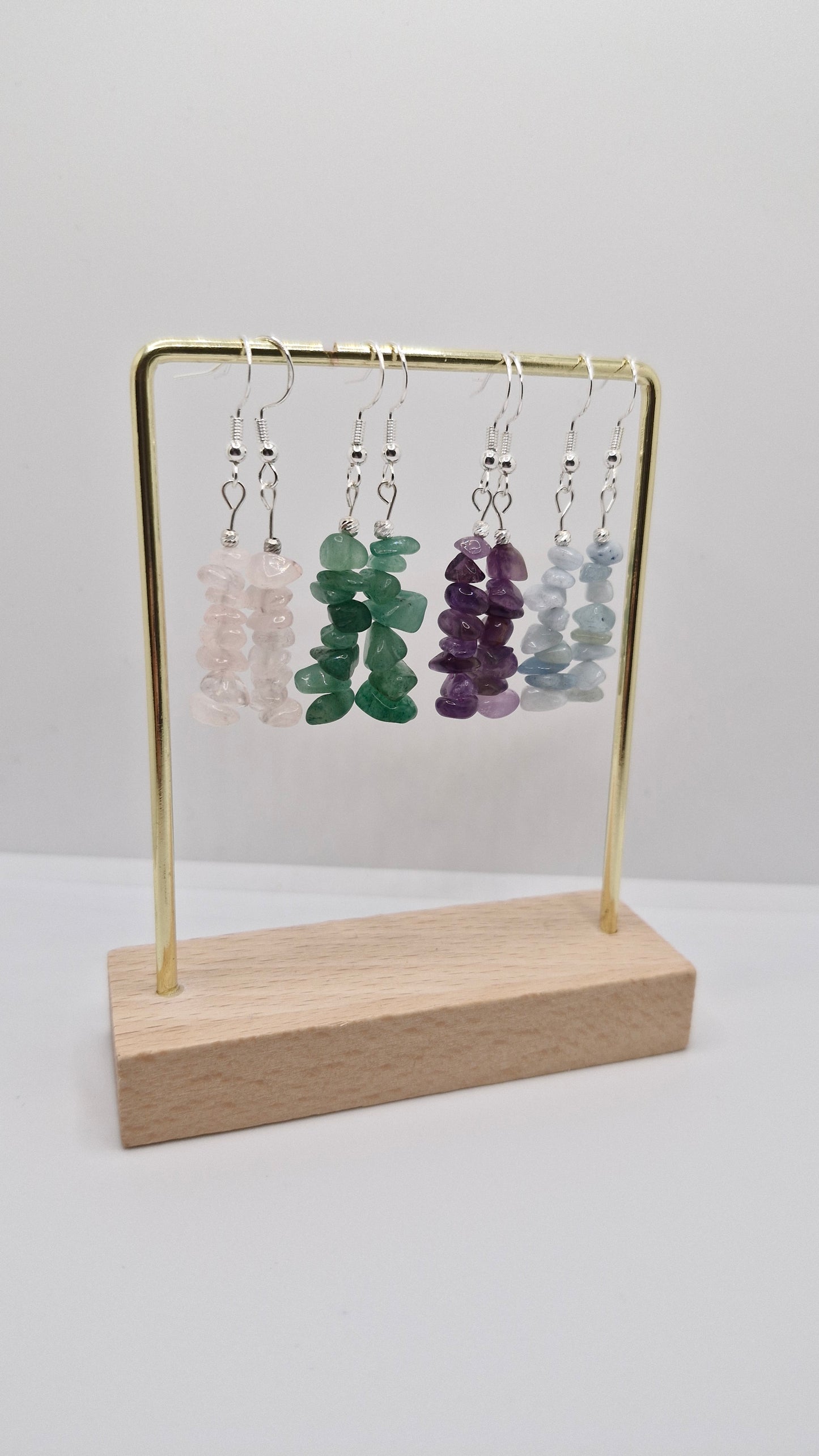 Handmade chip earrings in Green Aventurine, Rose Quartz, Aquamarine, and Amethyst with silver bead accents and sterling silver hooks