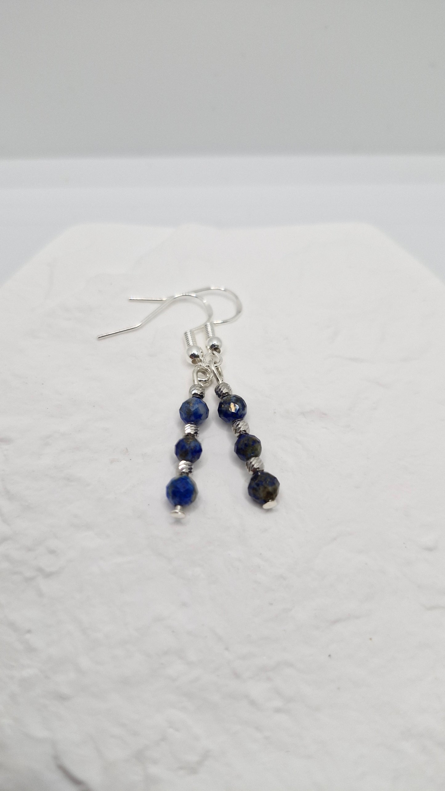 4mm Lapis Lazuli Beads with 2.5mm Corrugated Sterling Silver Drop Earrings