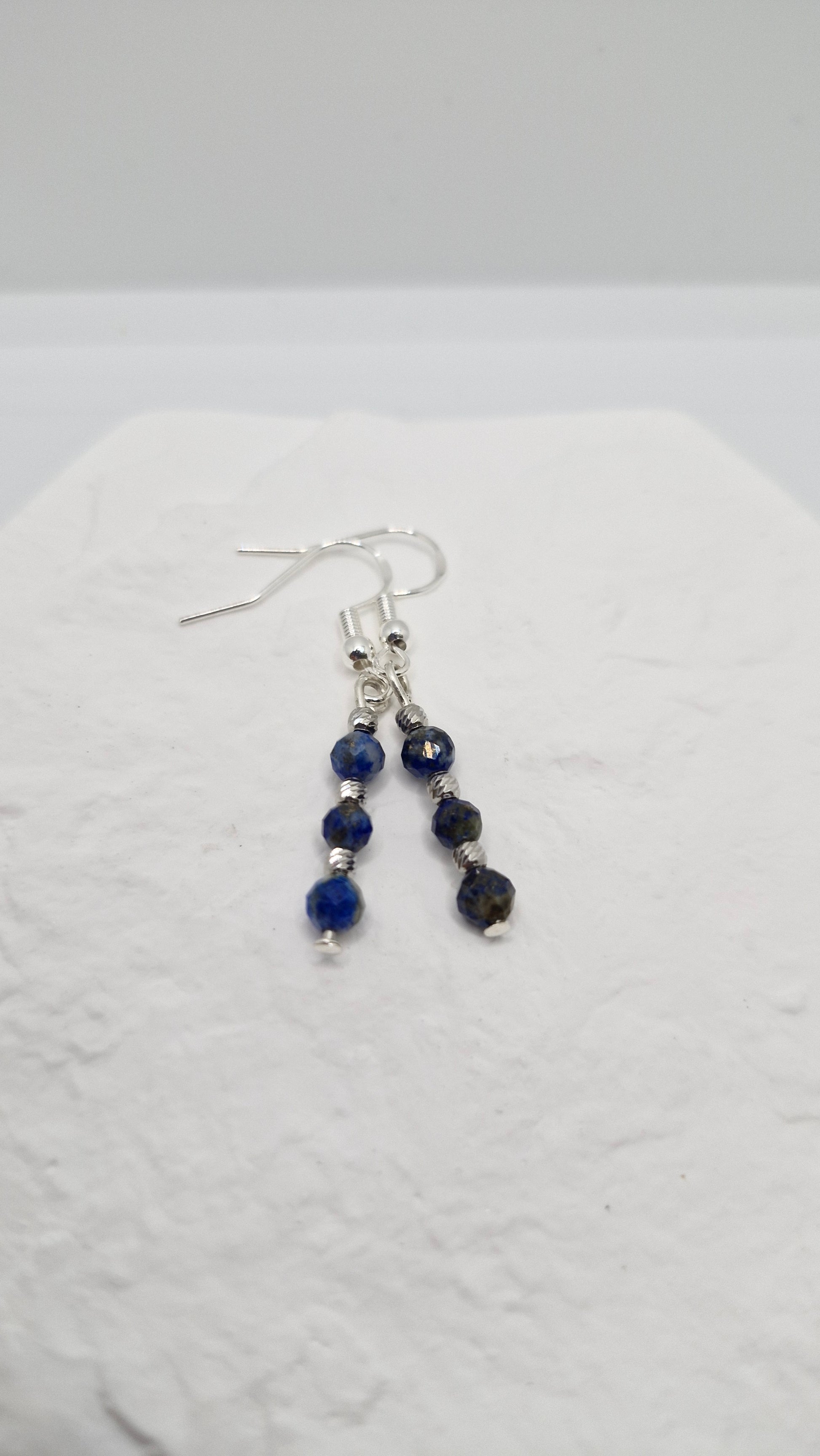 4mm Lapis Lazuli Beads with 2.5mm Corrugated Sterling Silver Drop Earrings