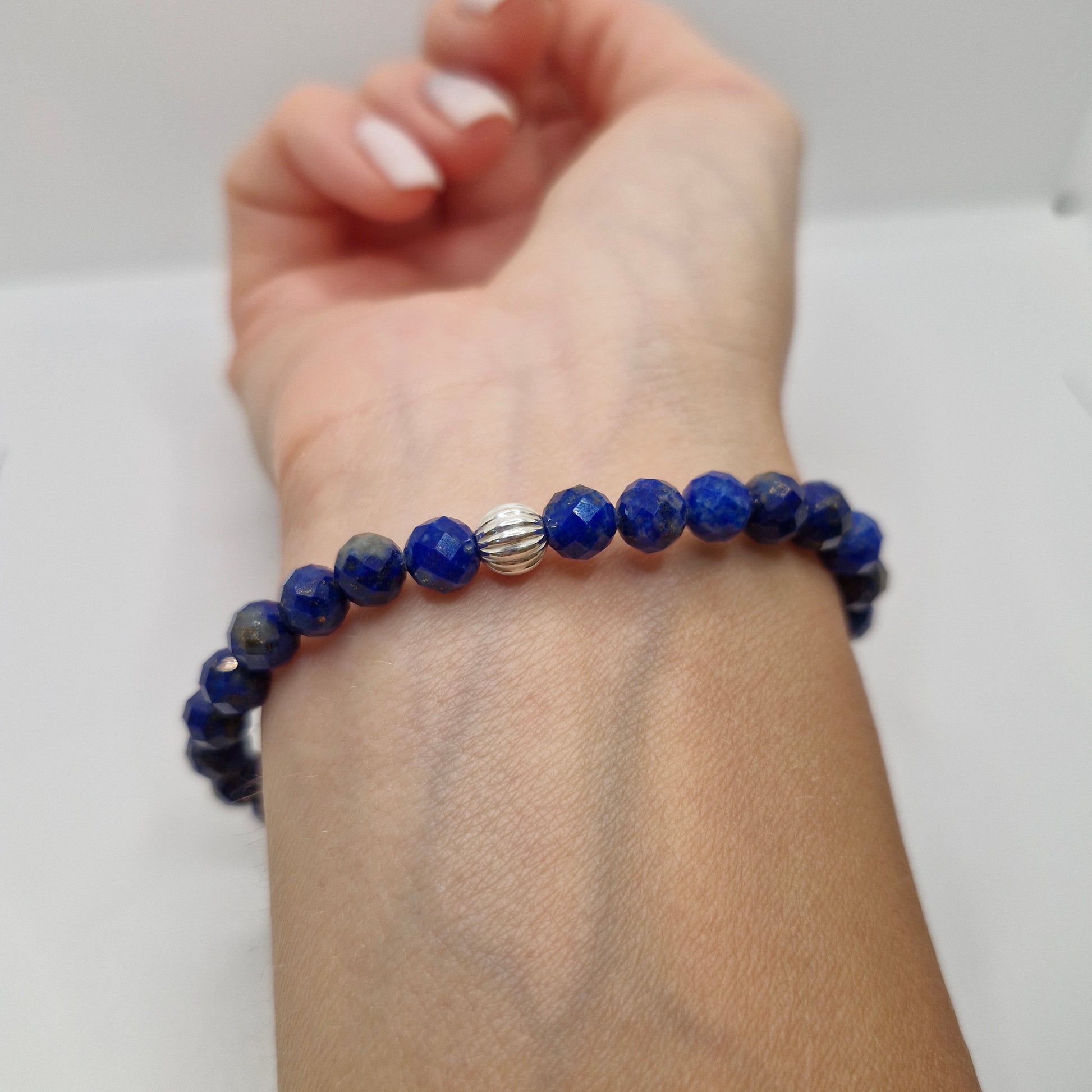 Lapis Lazuli faceted bracelet with sterling silver bead, handmade crystal bracelet for spiritual balance and clarity