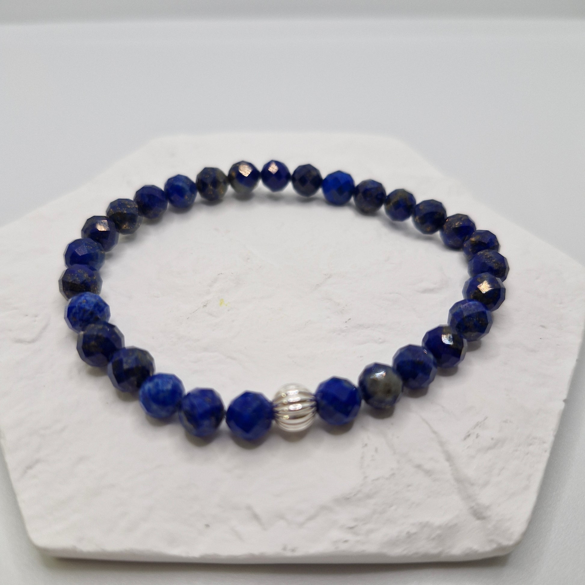 Handcrafted Lapis Lazuli bracelet with 6mm faceted stones and silver bead, crystal jewelry for meditation and energy