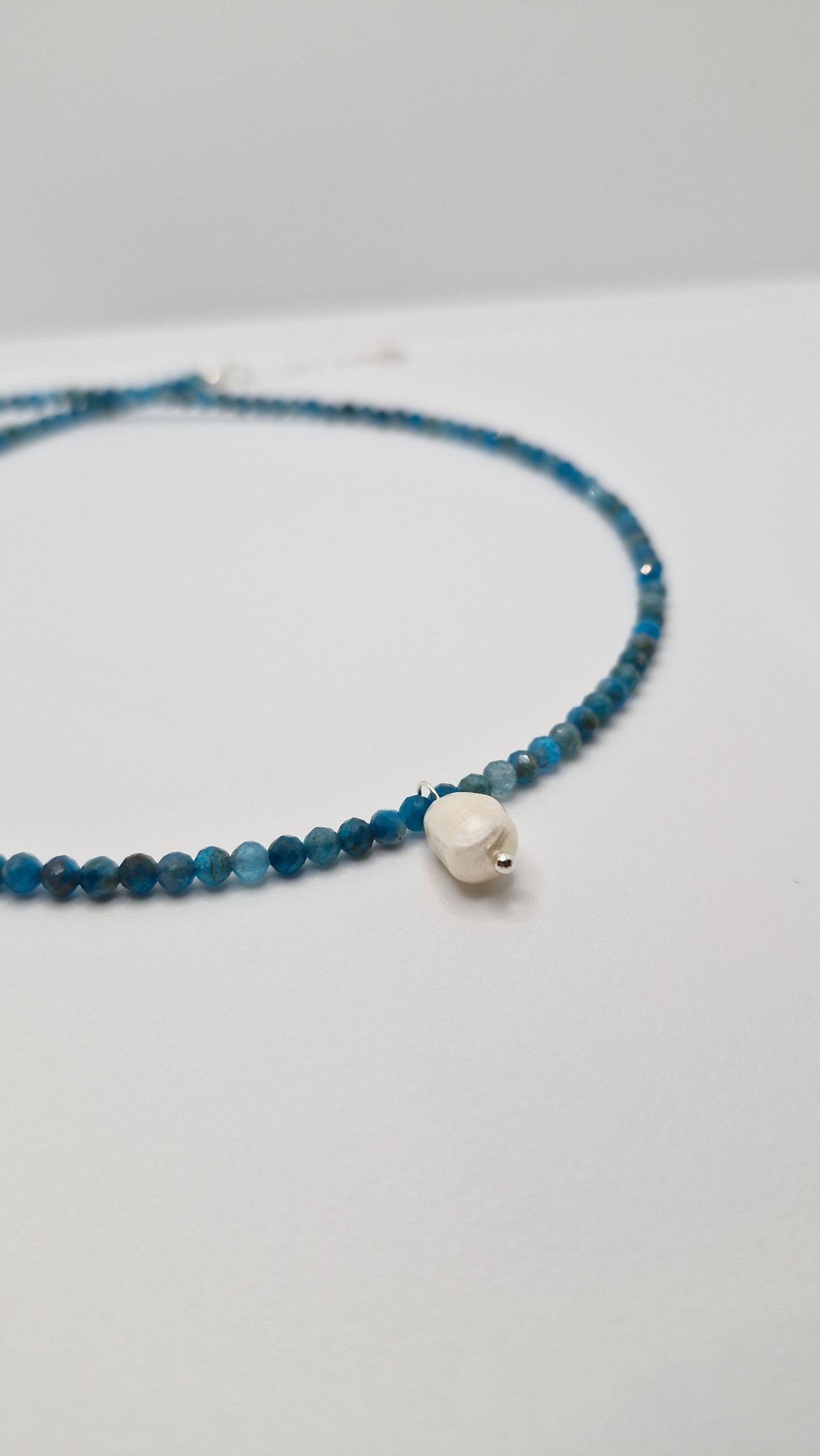 Layered Healing Crystal Necklace, Blue Apatite and Pearl Jewelry Gift for Her