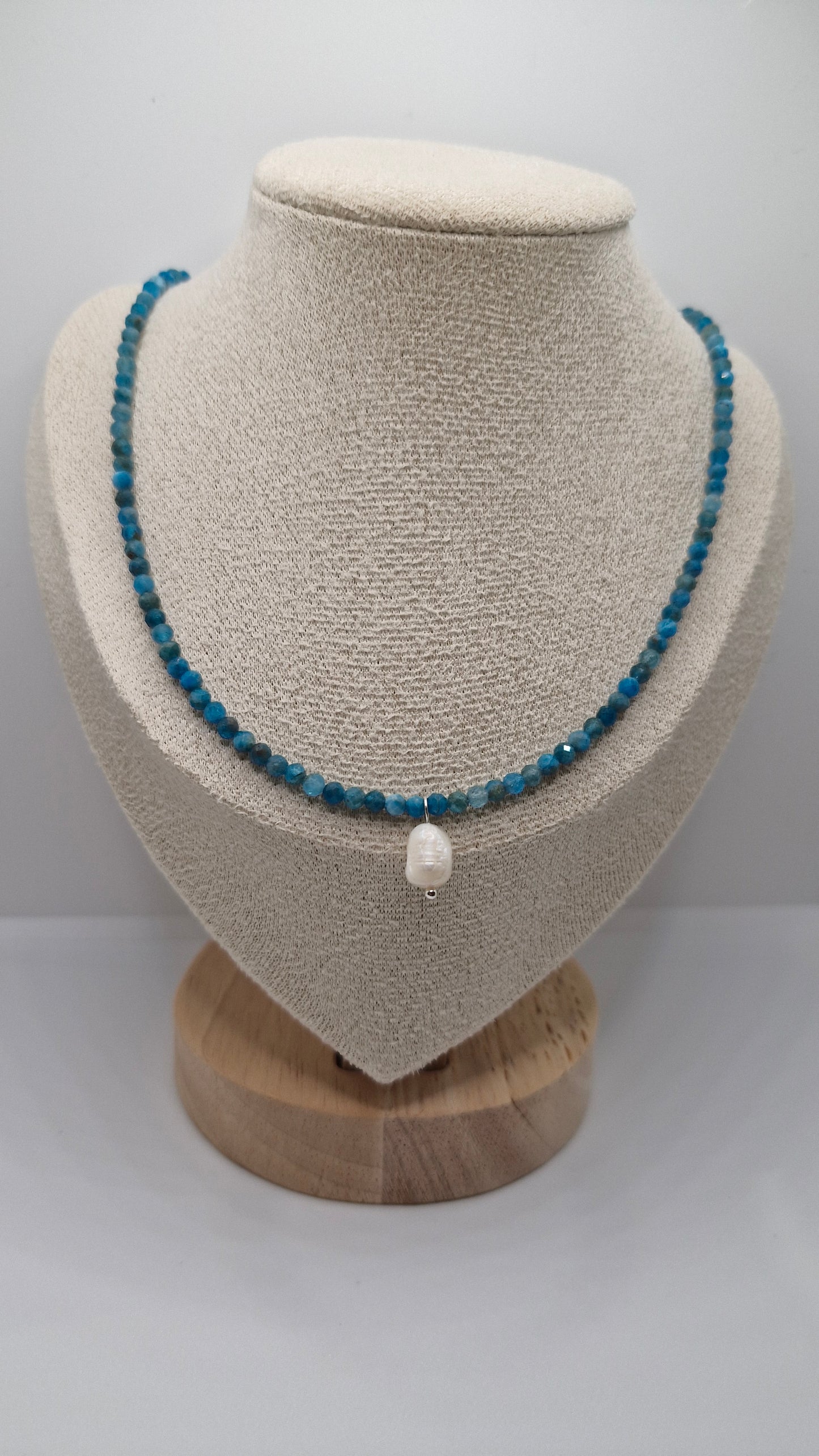 Handcrafted Blue Apatite and Freshwater Pearl Necklace with Sterling Silver Clasp