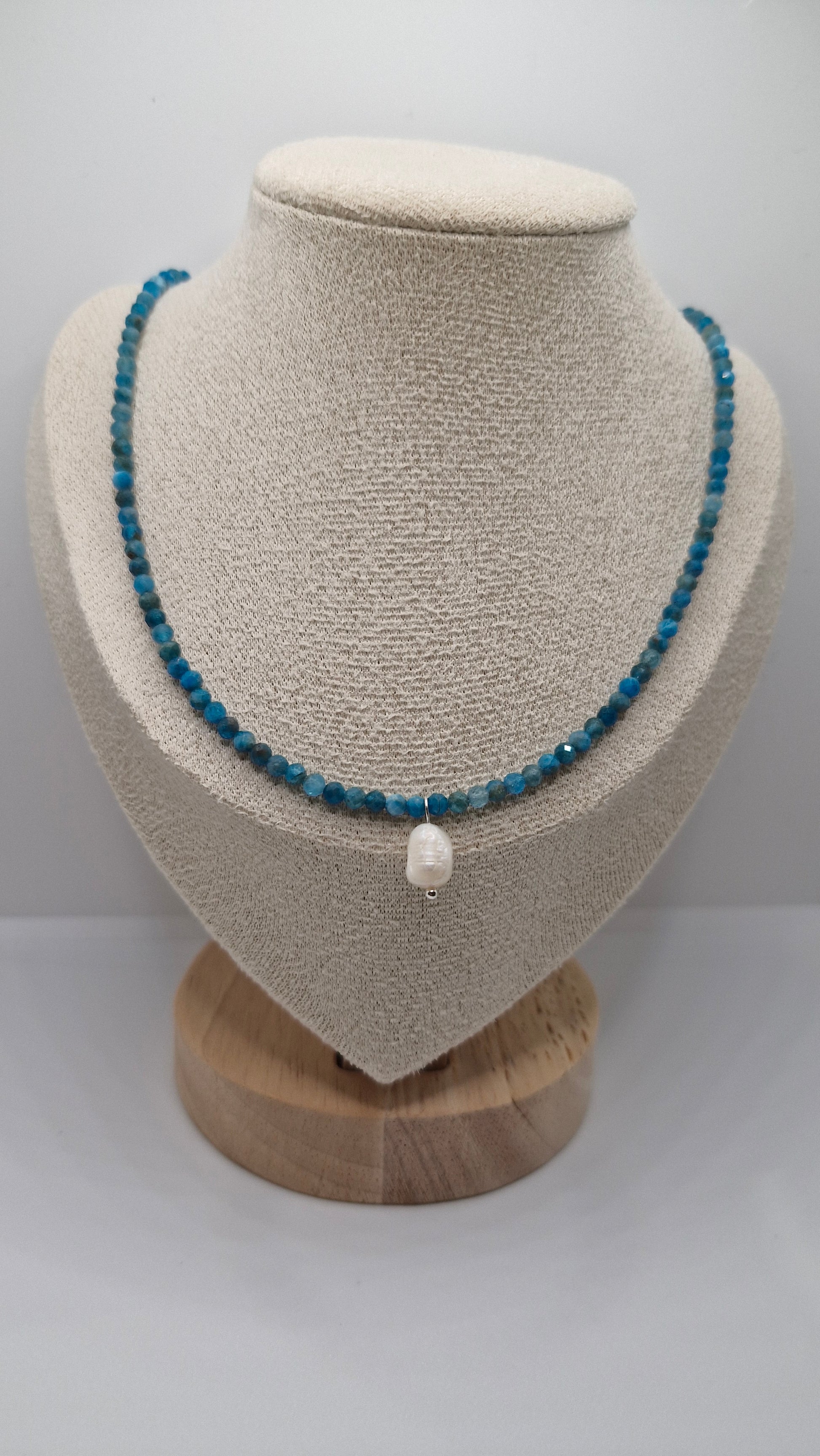 Handcrafted Blue Apatite and Freshwater Pearl Necklace with Sterling Silver Clasp