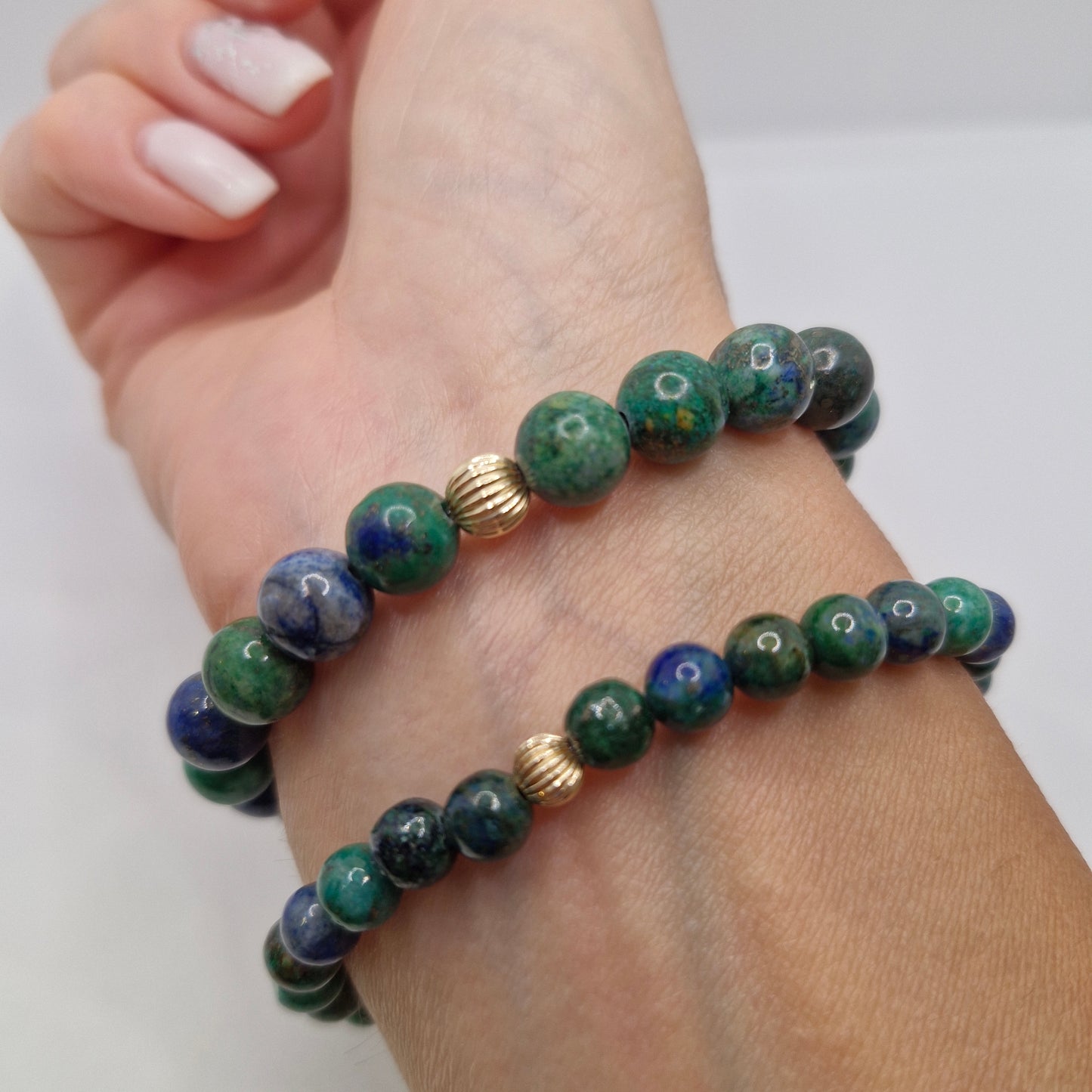 Blue-Green Chrysocolla Bracelet for Communication and Emotional Balance – 6mm or 8mm Dyed Gemstone Beads with Gold-Filled Accents